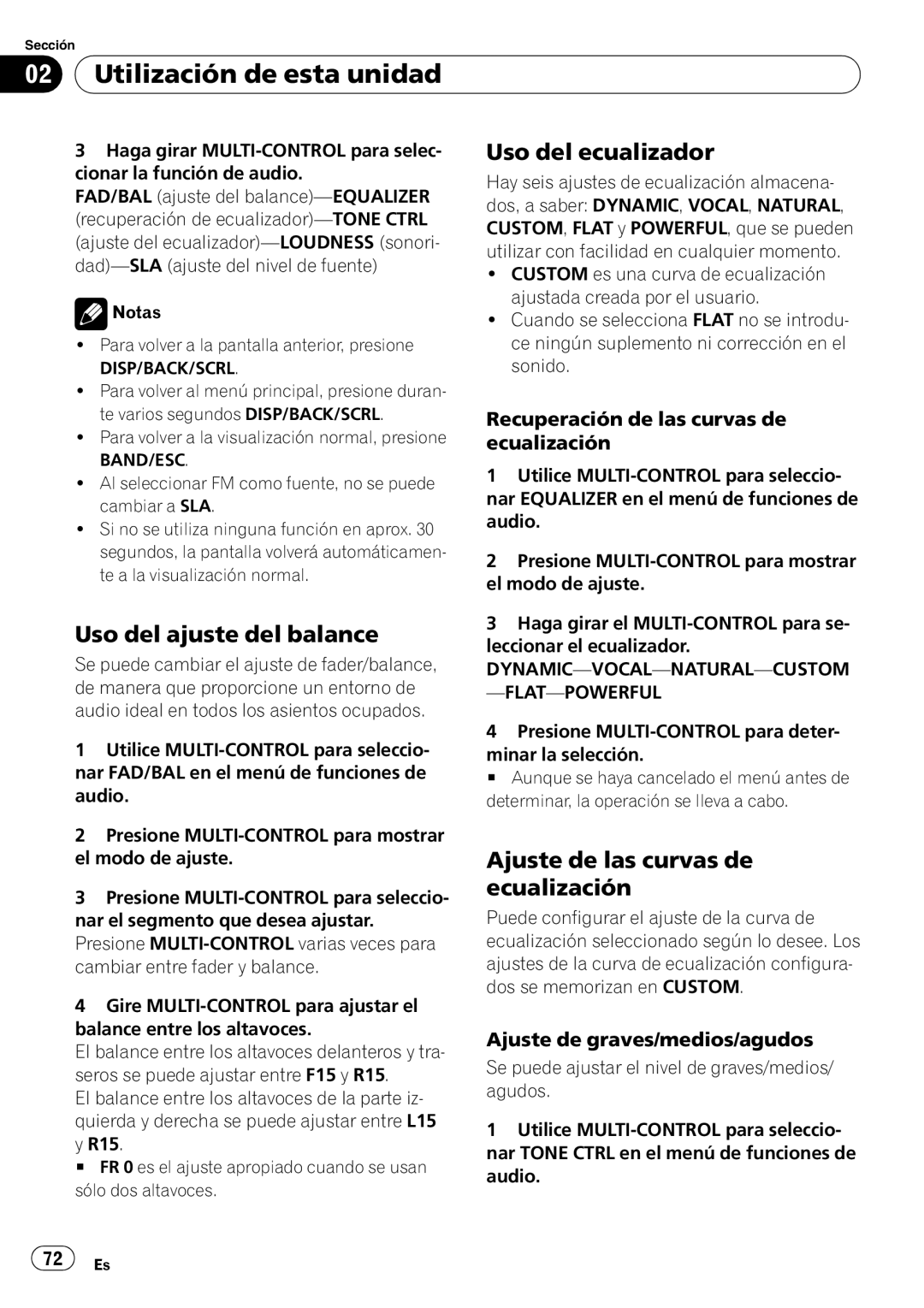 Pioneer DEH-2100IB owner manual Uso del ajuste del balance, Uso del ecualizador, Ajuste de las curvas de ecualización 