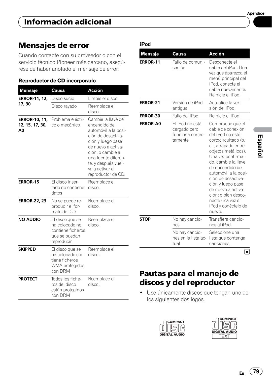 Pioneer DEH-2100IB owner manual Información adicional Mensajes de error, Pautas para el manejo de, Discos y del reproductor 