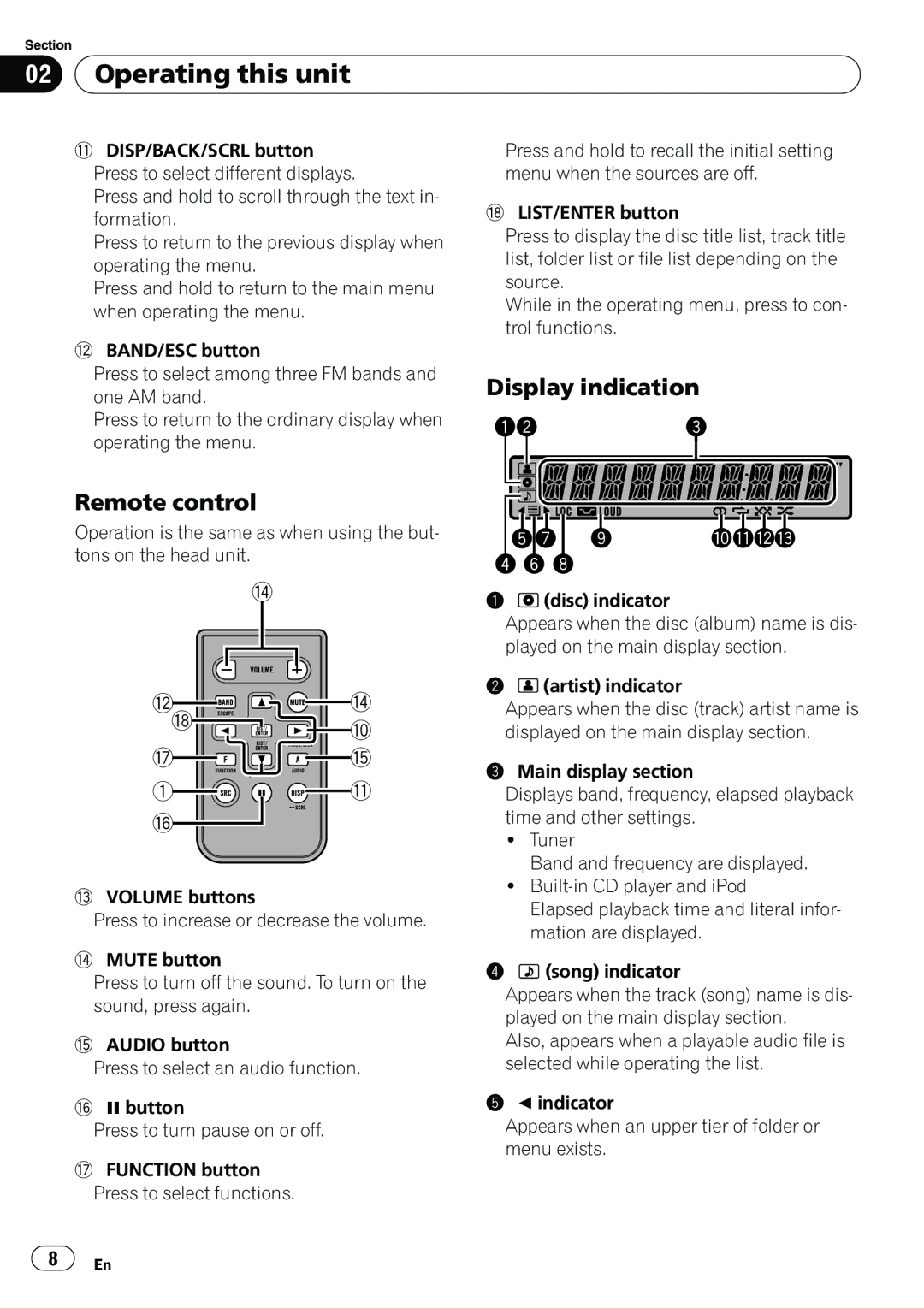 Pioneer DEH-2100IB owner manual Operating this unit, Remote control, Display indication 