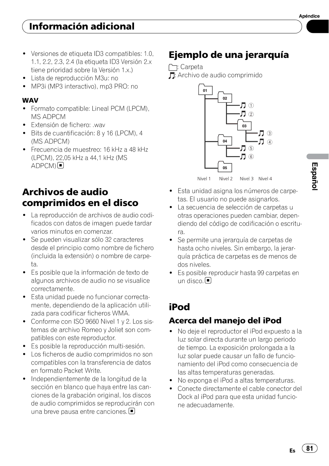 Pioneer DEH-2100IB Archivos de audio comprimidos en el disco, Ejemplo de una jerarquía, Acerca del manejo del iPod 