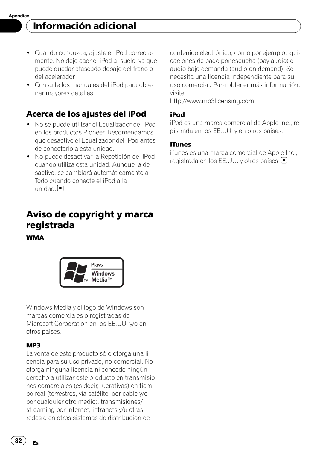 Pioneer DEH-2100IB owner manual Aviso de copyright y marca registrada, Acerca de los ajustes del iPod 