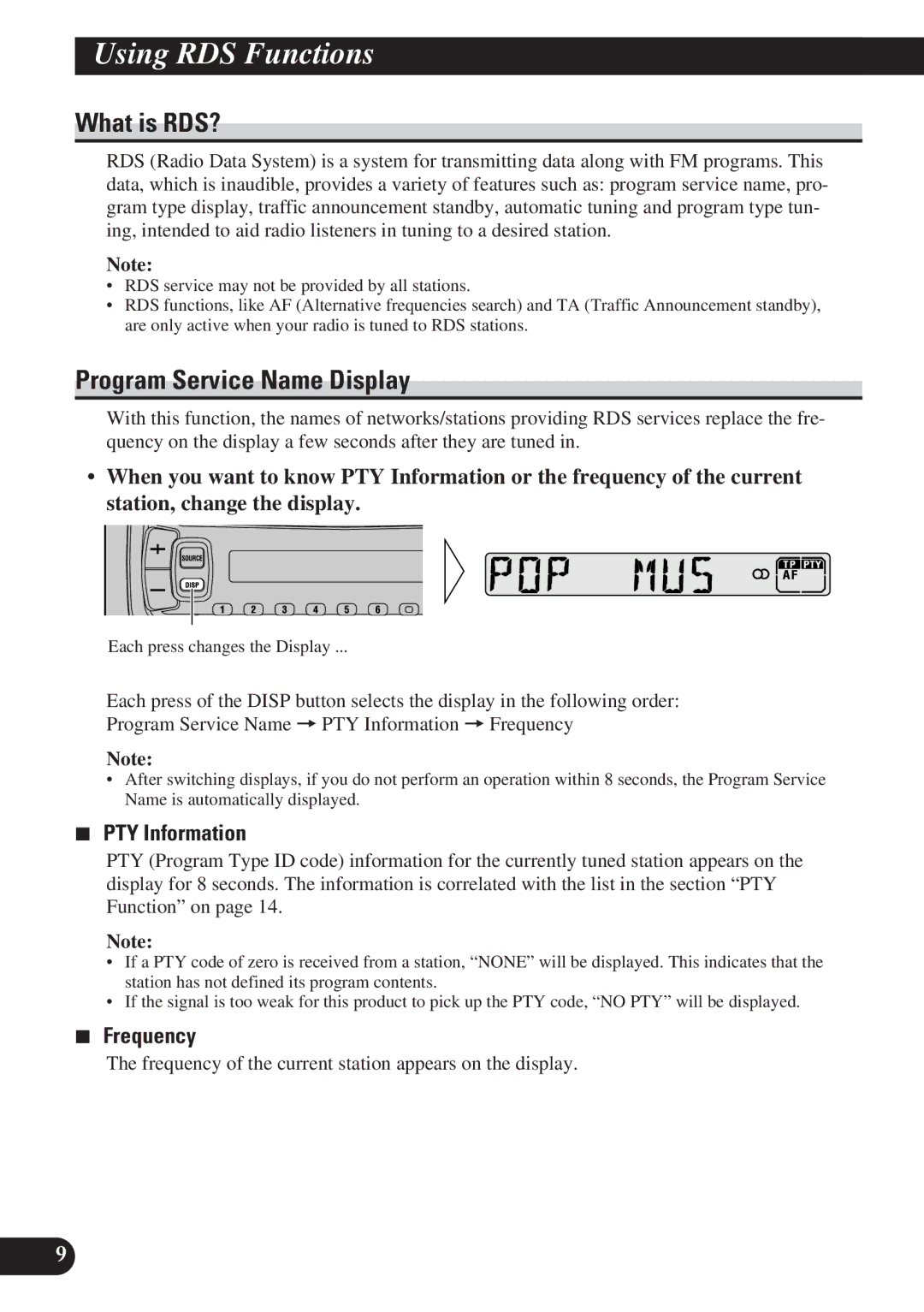 Pioneer DEH-2130R UsingA TitleRDSEnglishFunctions, What is RDS?, Program Service Name Display, PTY Information, Frequency 