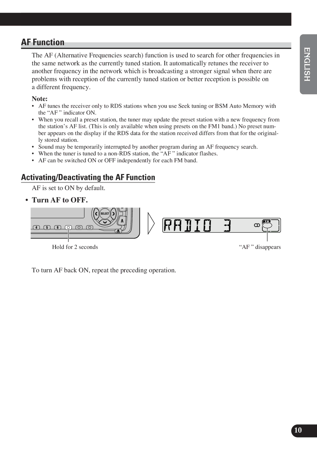 Pioneer DEH-2100R, DEH-2130R operation manual Title English, Activating/Deactivating the AF Function, Turn AF to OFF 