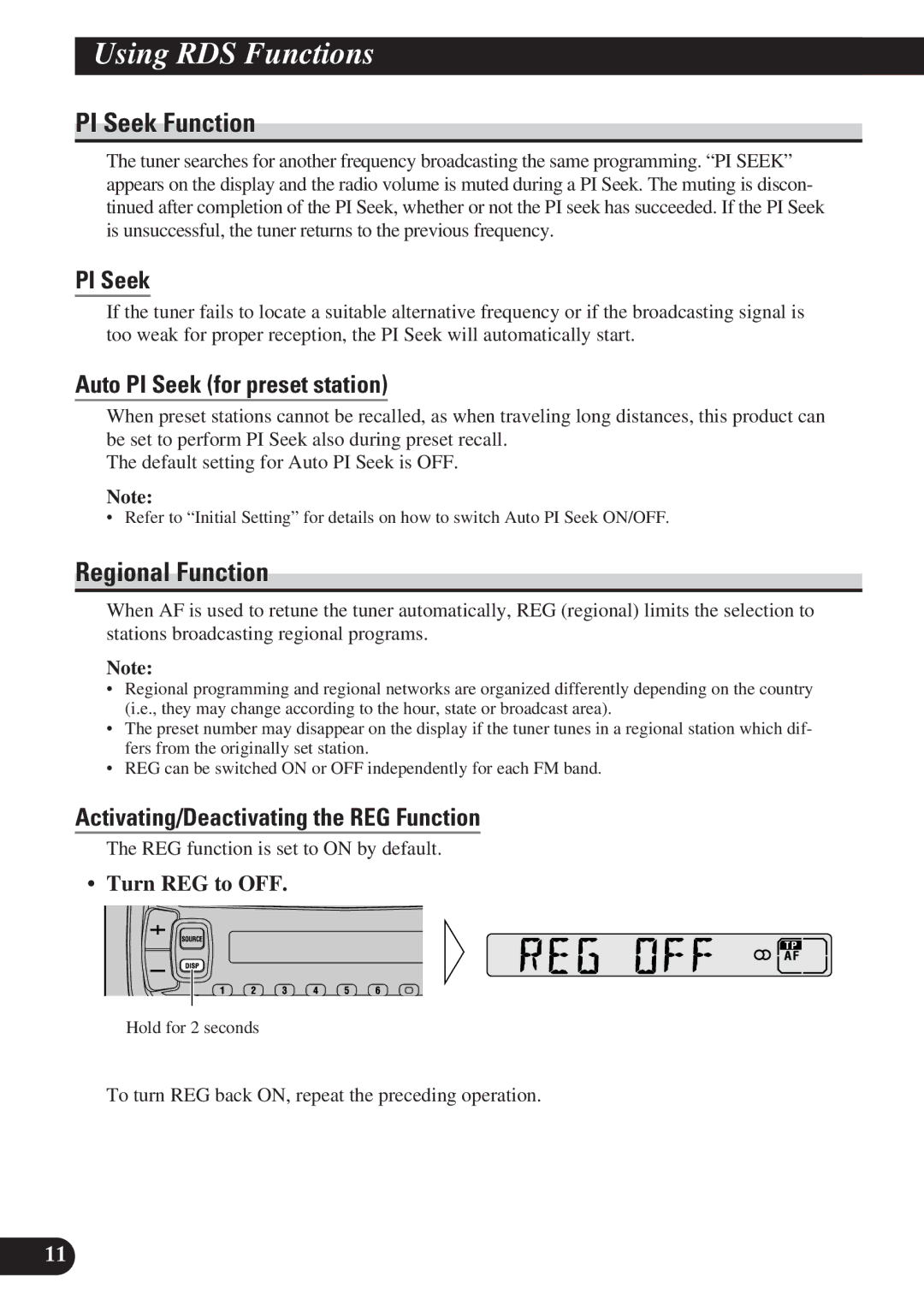 Pioneer DEH-2130R, DEH-2100R operation manual PI Seek Function, Regional Function, Auto PI Seek for preset station 