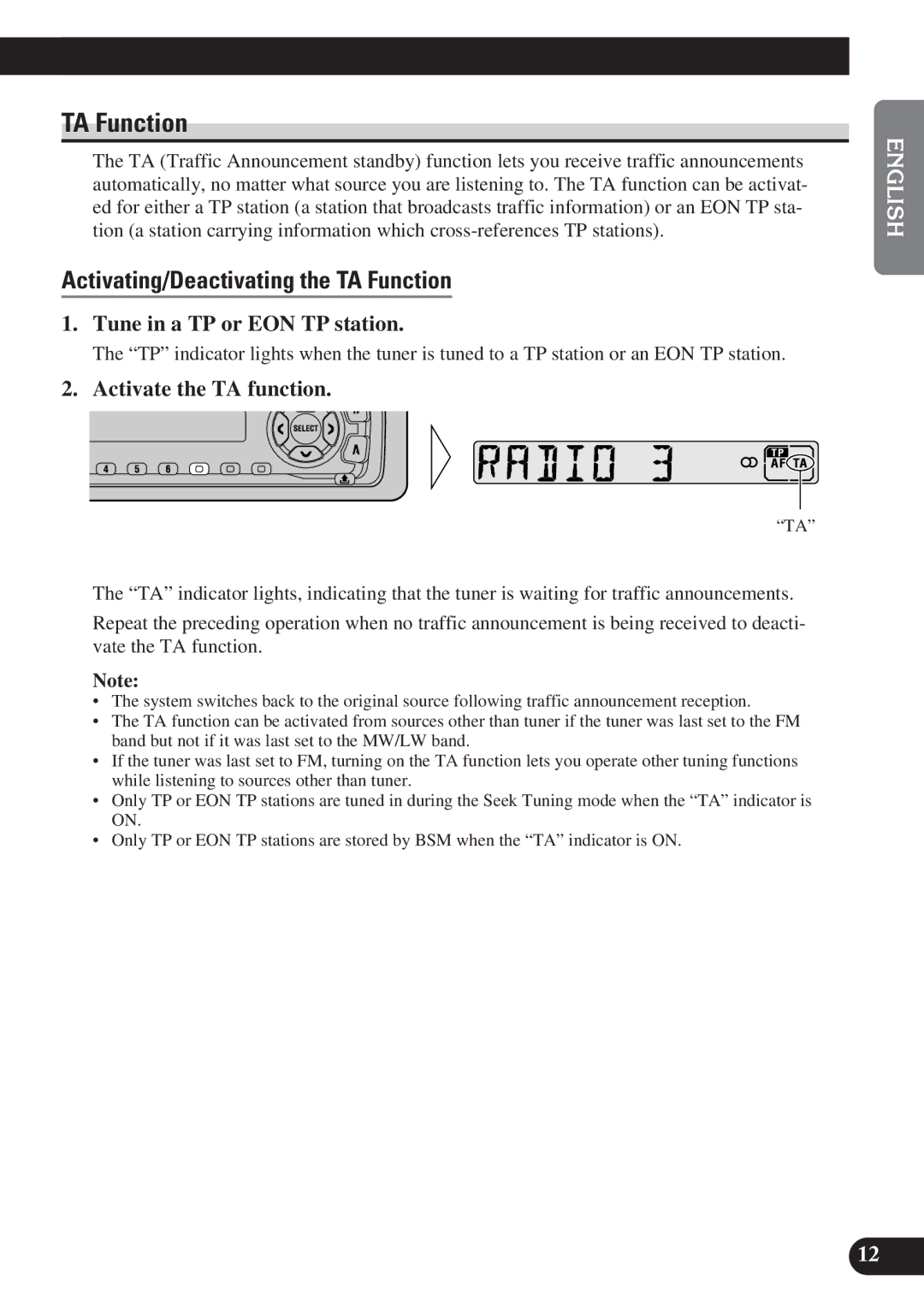 Pioneer DEH-2100R Activating/Deactivating the TA Function, Tune in a TP or EON TP station, Activate the TA function 