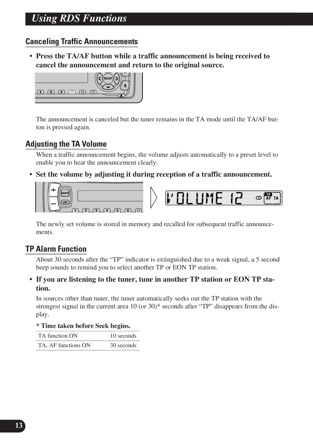 Pioneer DEH-2130R, DEH-2100R operation manual Canceling Traffic Announcements, Adjusting the TA Volume, TP Alarm Function 