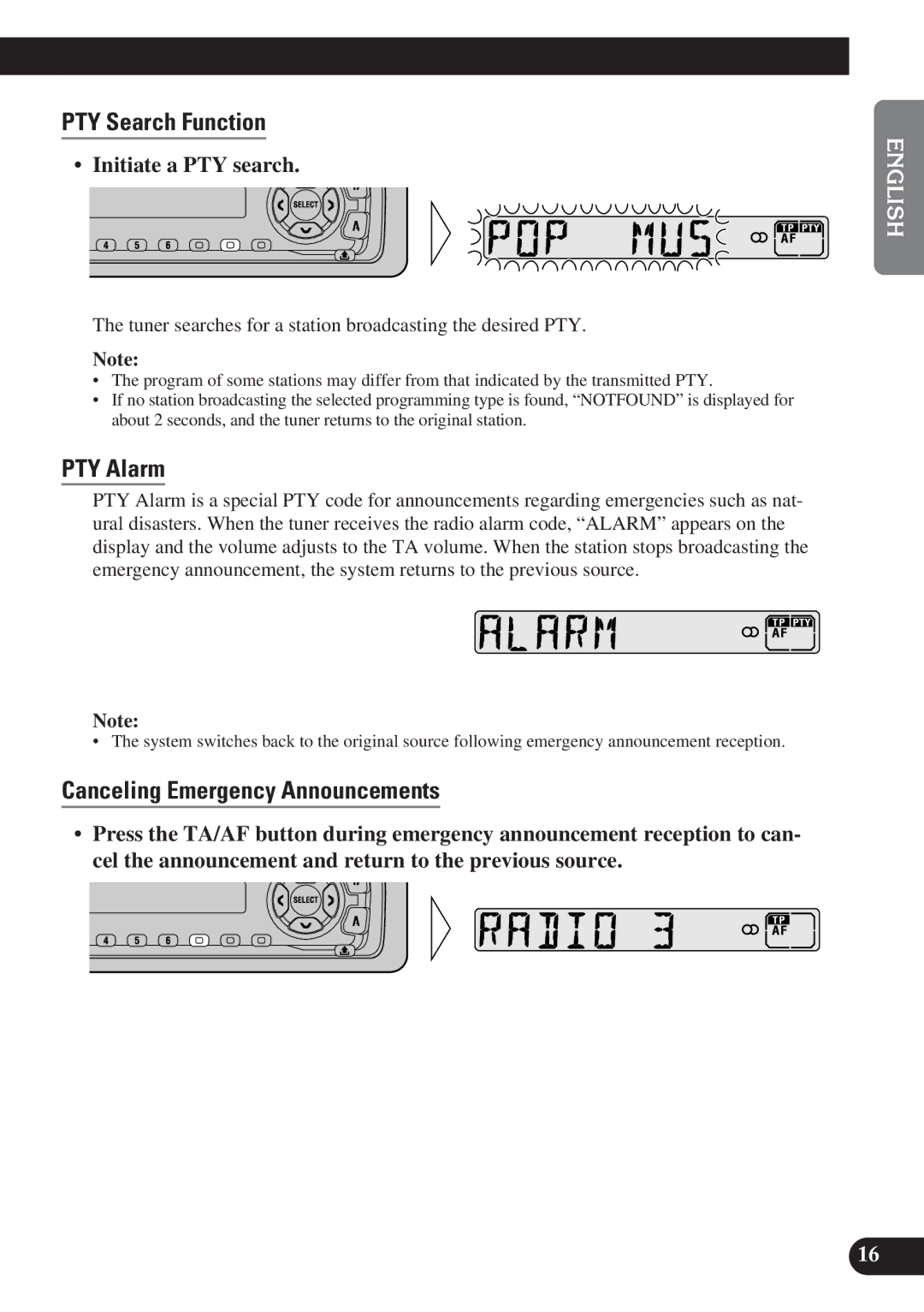 Pioneer DEH-2100R, DEH-2130R PTY Search Function, PTY Alarm, Canceling Emergency Announcements, Initiate a PTY search 