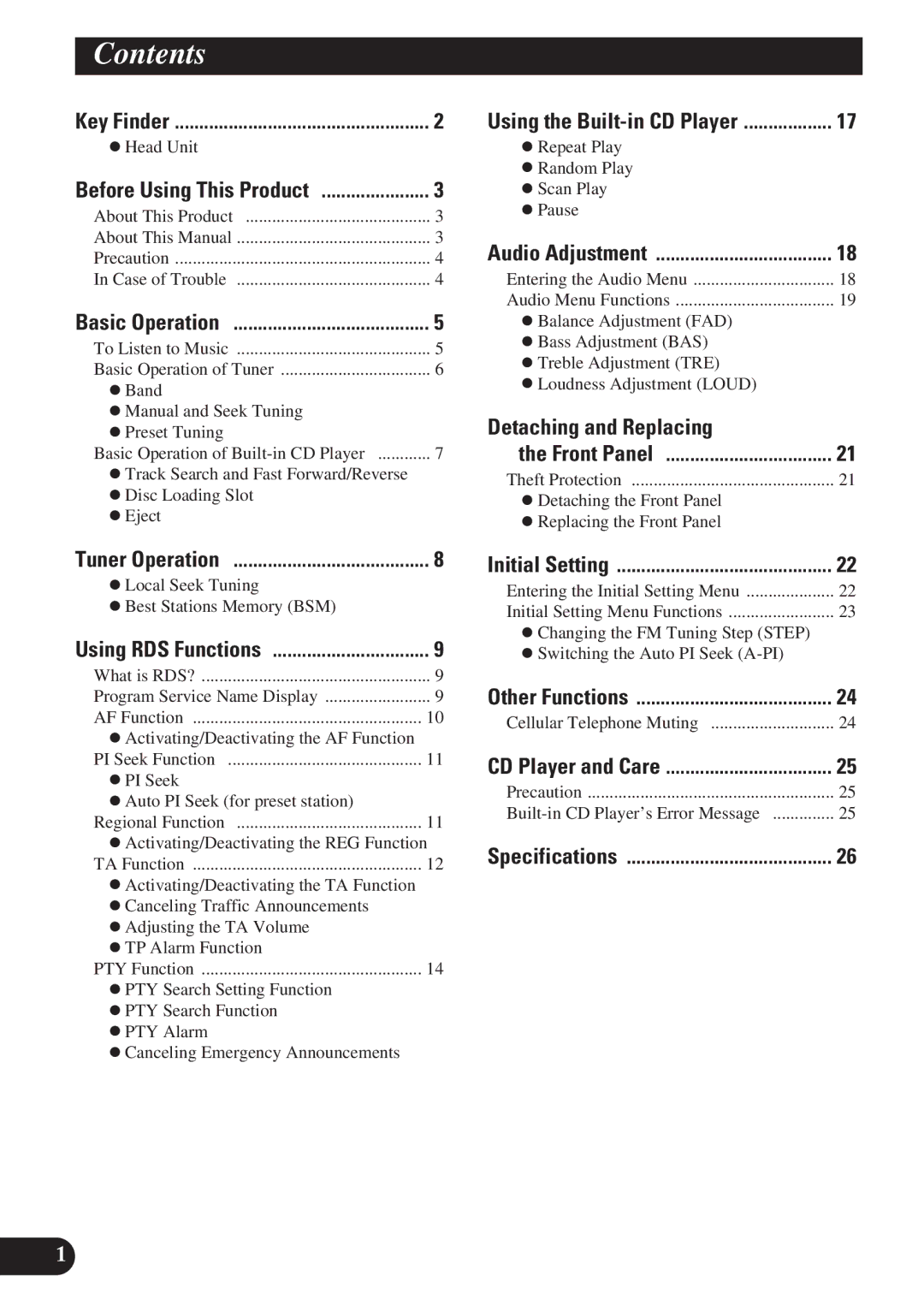 Pioneer DEH-2130R, DEH-2100R operation manual Contents 