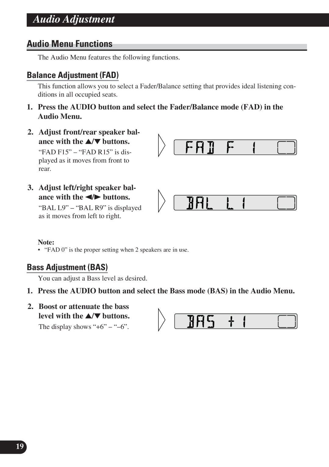 Pioneer DEH-2130R, DEH-2100R operation manual Audio Menu Functions, Balance Adjustment FAD, Bass Adjustment BAS 