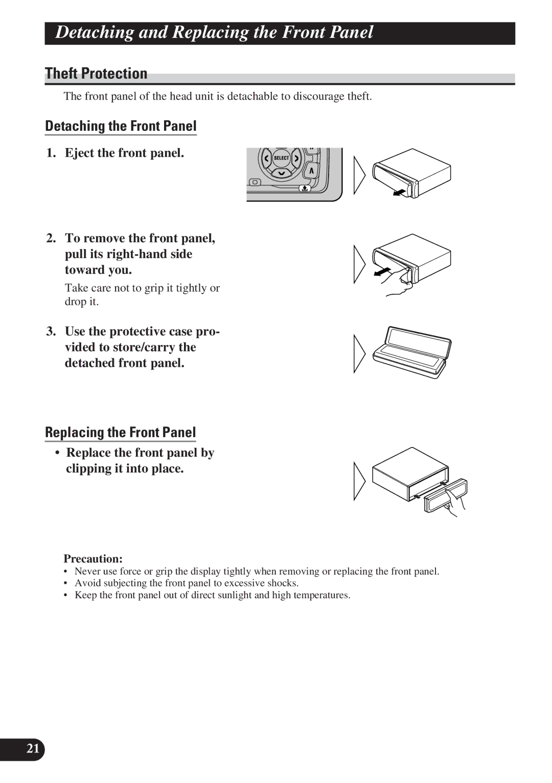 Pioneer DEH-2130R DetachingA Title Englishand Replacing the Front Panel, Theft Protection, Detaching the Front Panel 