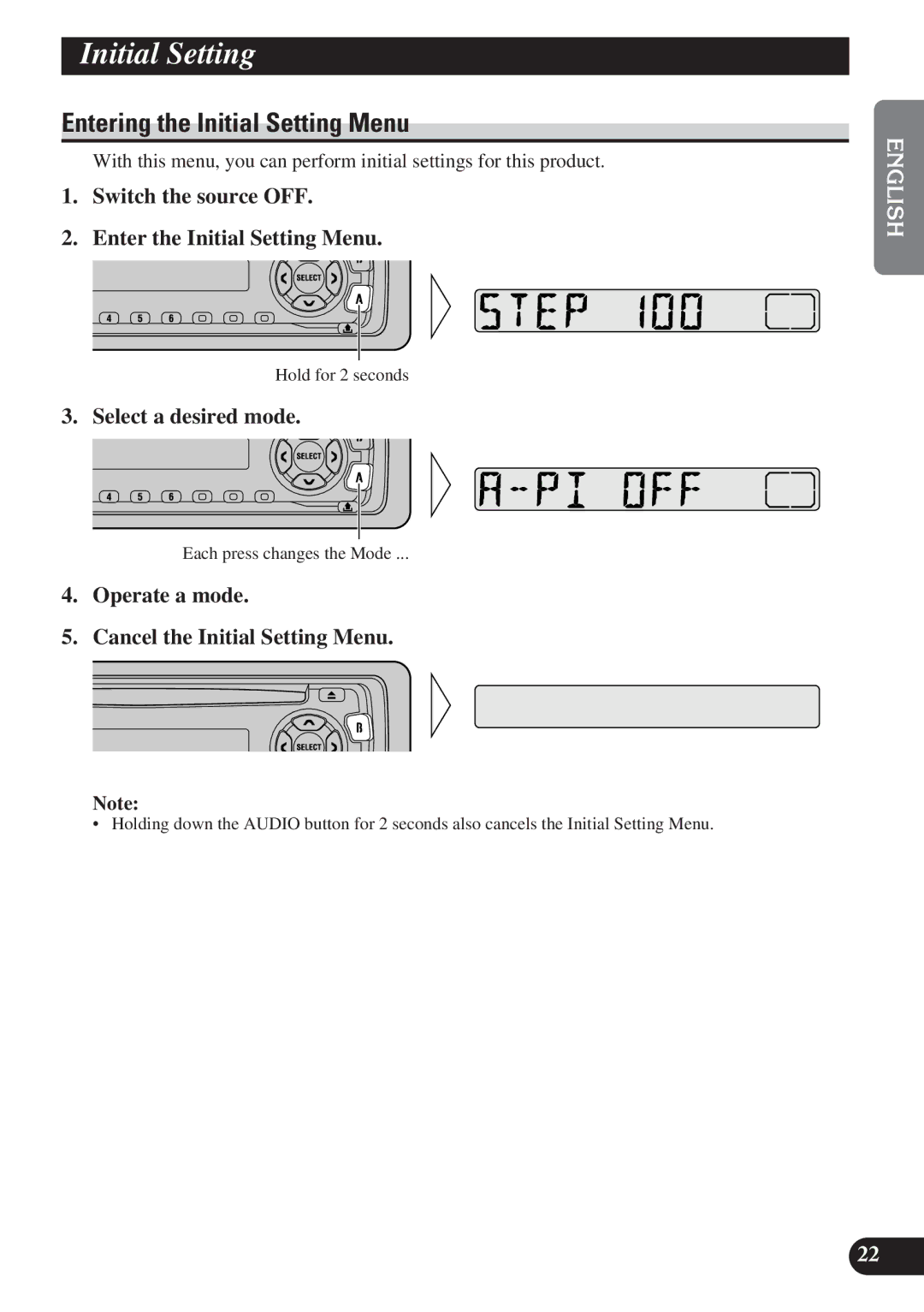 Pioneer DEH-2100R, DEH-2130R InitialA T tleSettingEnglish, Entering the Initial Setting Menu, Select a desired mode 