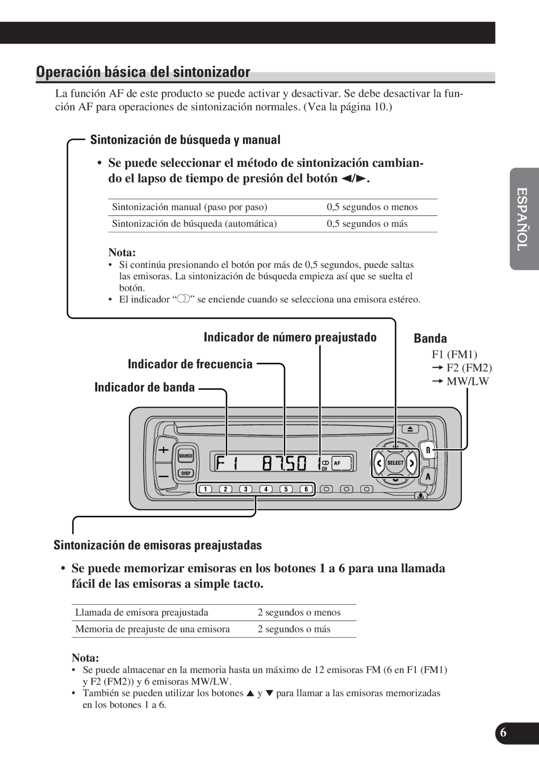 Pioneer DEH-2100R, DEH-2130R Operación básica del sintonizador, Sintonización de búsqueda y manual, Indicador de banda 