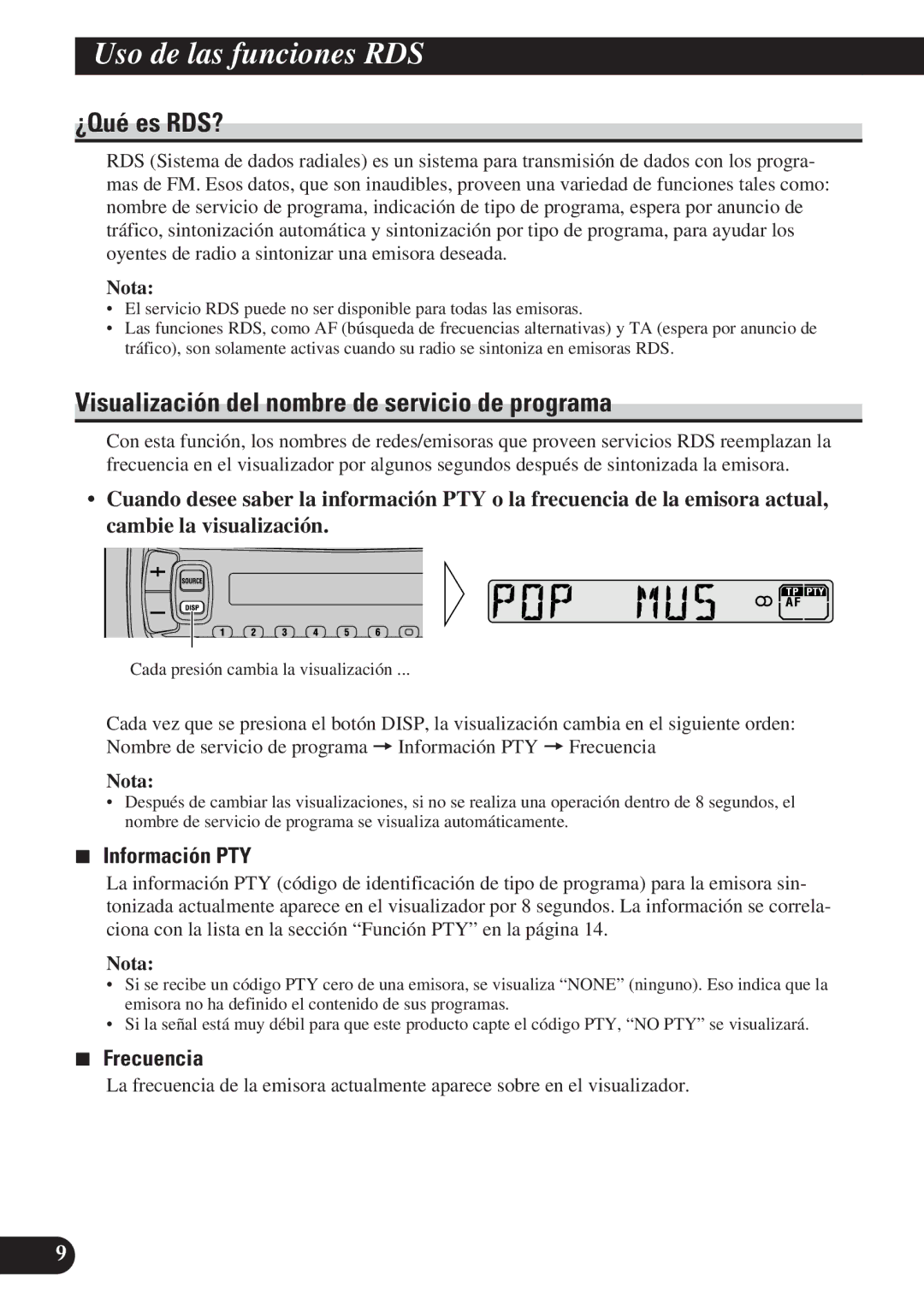 Pioneer DEH-2130R Uso de las funciones RDS, ¿Qué es RDS?, Visualización del nombre de servicio de programa, Frecuencia 