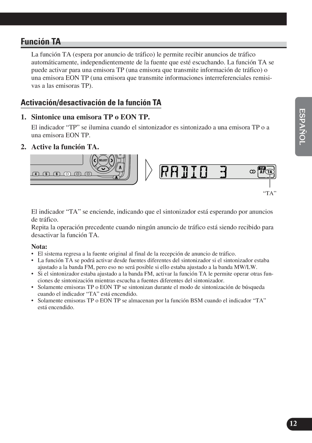 Pioneer DEH-2100R, DEH-2130R Función TA, Activación/desactivación de la función TA, Sintonice una emisora TP o EON TP 