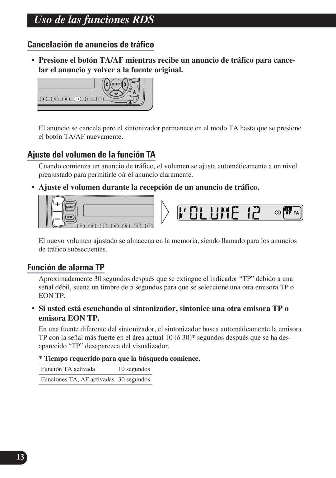 Pioneer DEH-2130R, DEH-2100R Cancelación de anuncios de tráfico, Ajuste del volumen de la función TA, Función de alarma TP 