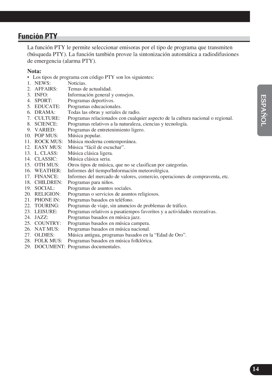 Pioneer DEH-2100R, DEH-2130R operation manual Función PTY 