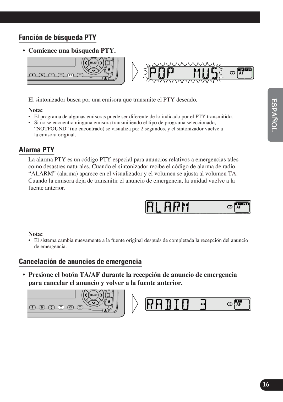 Pioneer DEH-2100R Función de búsqueda PTY, Alarma PTY, Cancelación de anuncios de emergencia, Comience una búsqueda PTY 