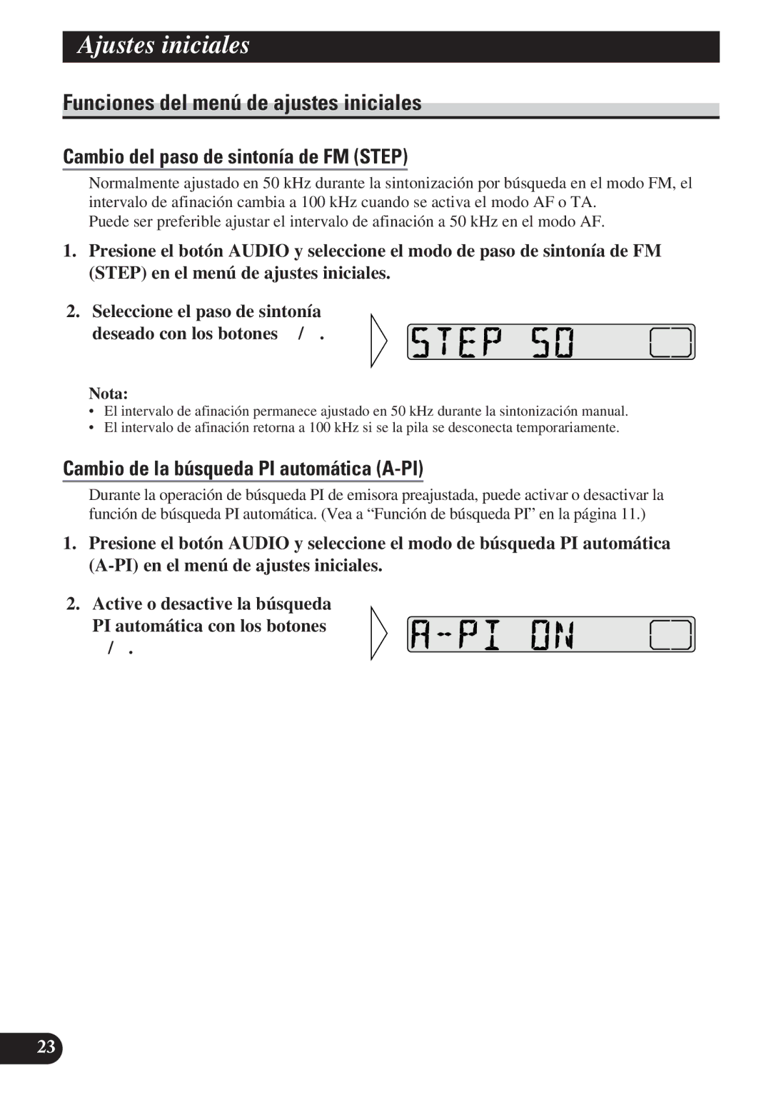 Pioneer DEH-2130R, DEH-2100R Funciones del menú de ajustes iniciales, Cambio del paso de sintonía de FM Step 