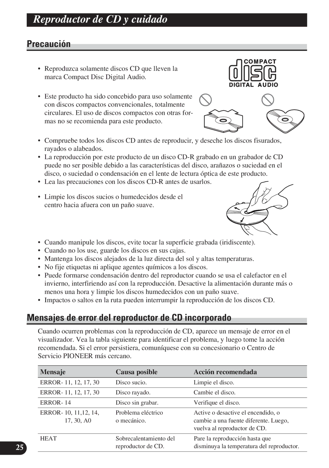 Pioneer DEH-2130R, DEH-2100R Reproductor de CD y cuidado, Mensajes de error del reproductor de CD incorporado 