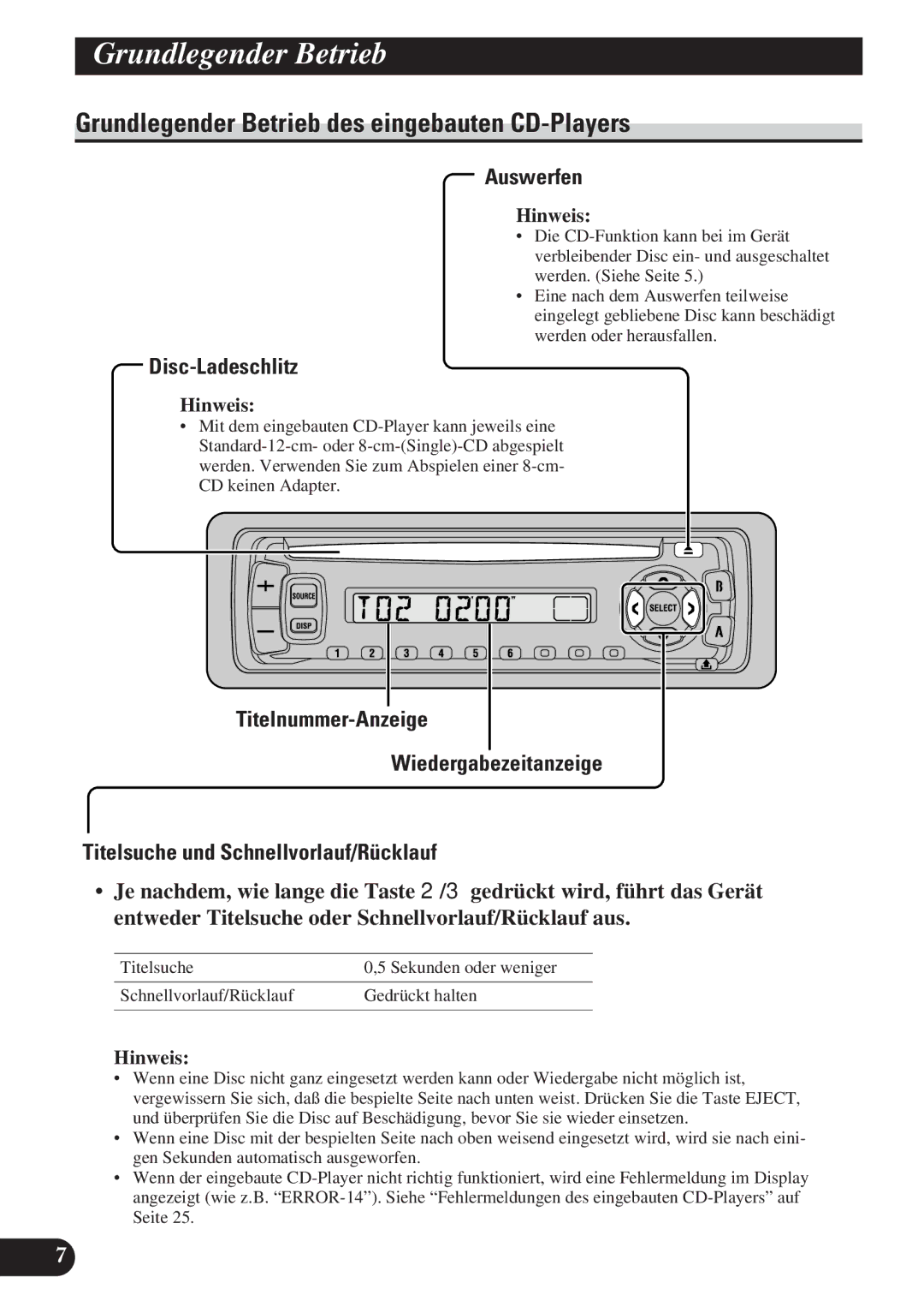 Pioneer DEH-2130R, DEH-2100R operation manual Grundlegender Betrieb des eingebauten CD-Players, Auswerfen, Disc-Ladeschlitz 