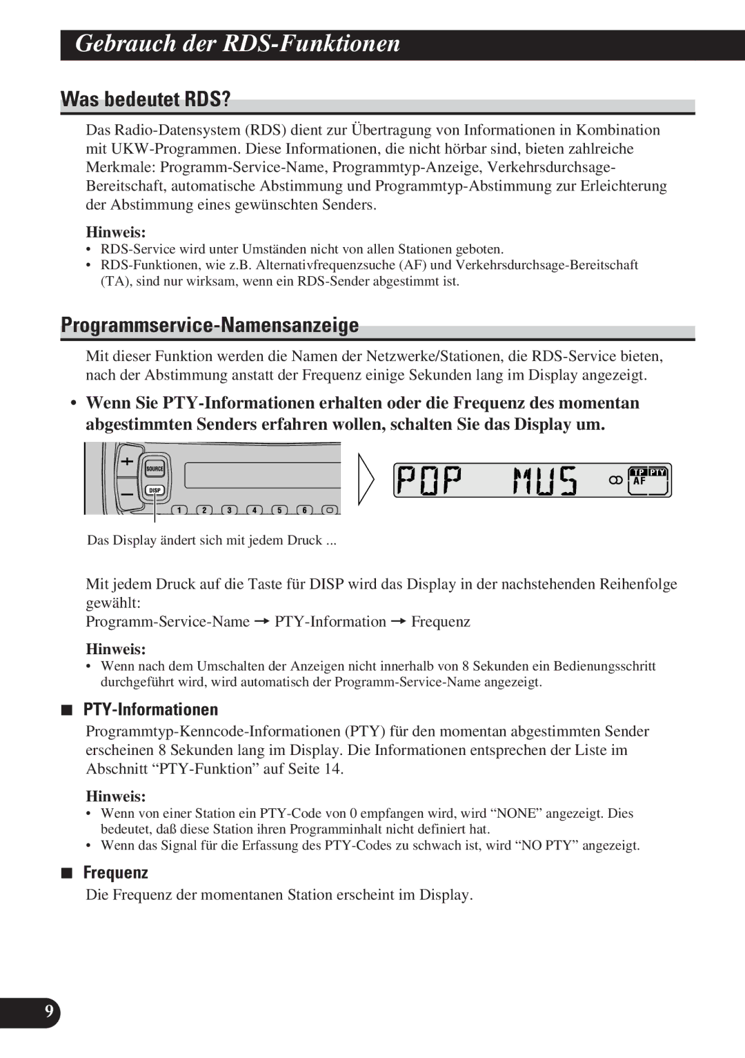 Pioneer DEH-2130R Gebrauch der RDS-Funktionen, Was bedeutet RDS?, Programmservice-Namensanzeige, PTY-Informationen 