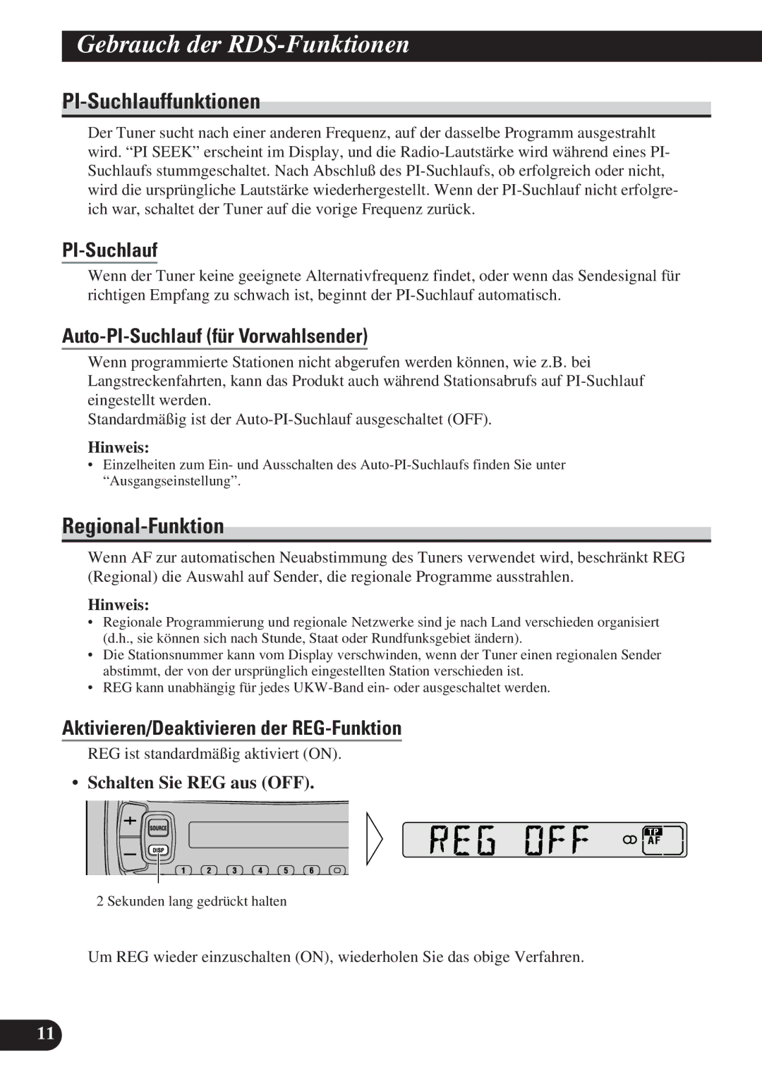 Pioneer DEH-2130R, DEH-2100R operation manual PI-Suchlauffunktionen, Regional-Funktion, Auto-PI-Suchlauf für Vorwahlsender 