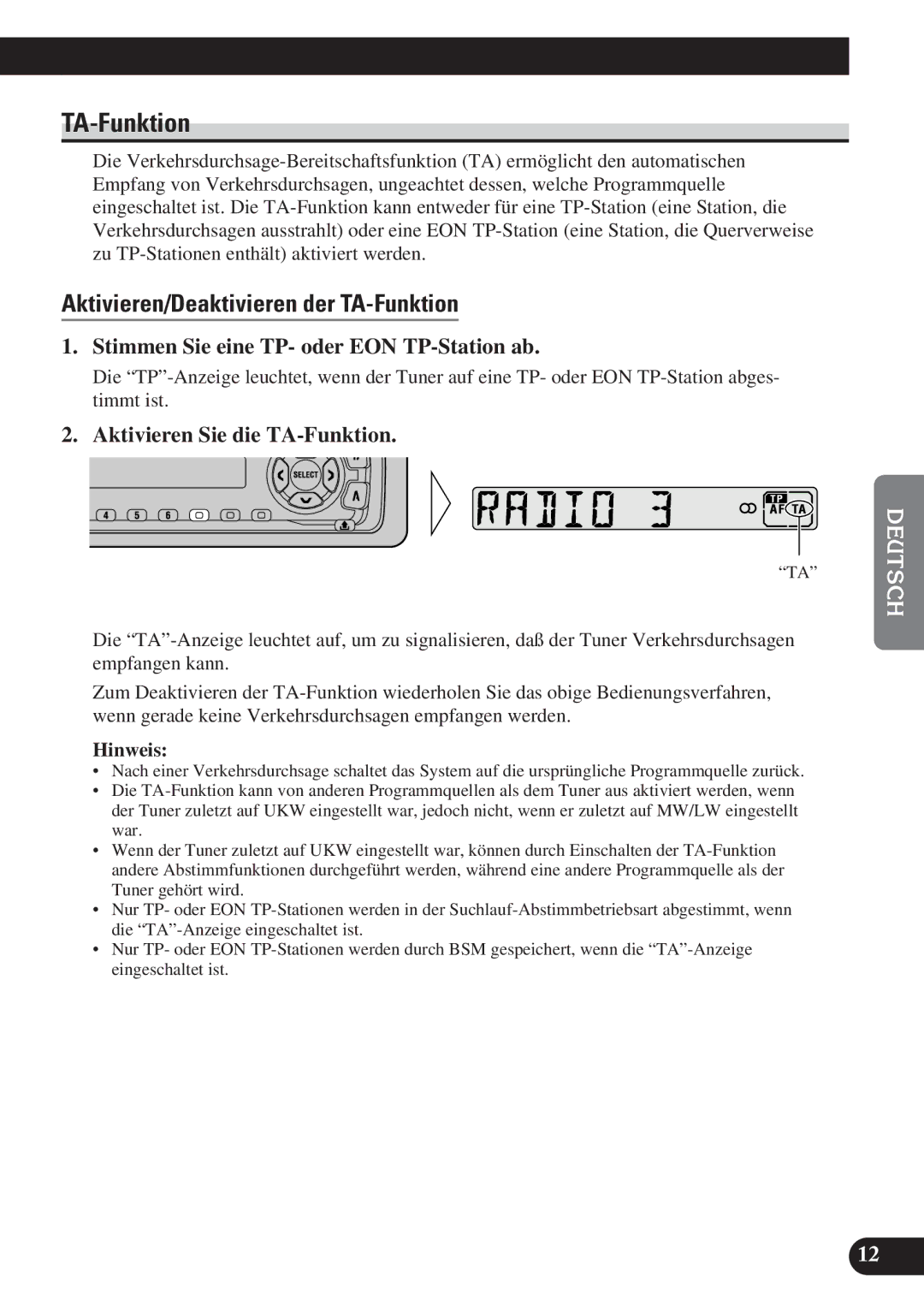 Pioneer DEH-2100R, DEH-2130R Aktivieren/Deaktivieren der TA-Funktion, Stimmen Sie eine TP- oder EON TP-Station ab 