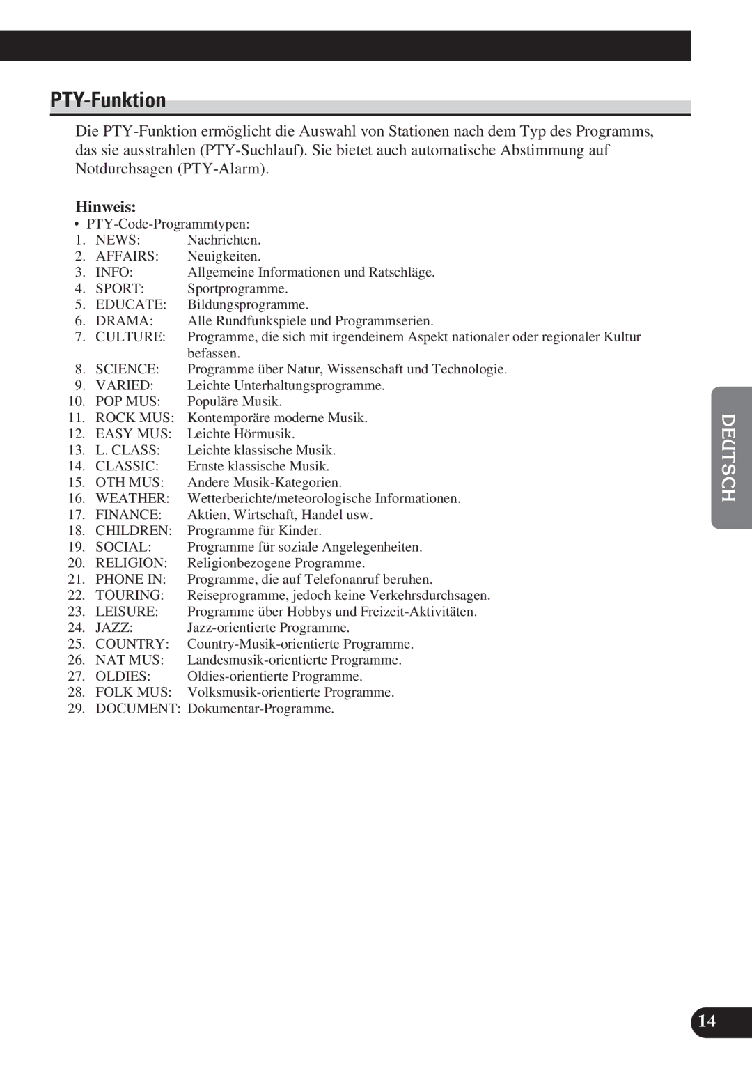 Pioneer DEH-2100R, DEH-2130R operation manual PTY-Funktion 