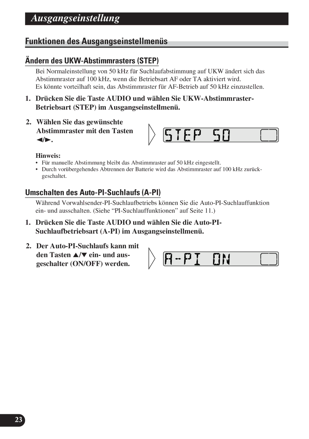 Pioneer DEH-2130R, DEH-2100R operation manual Funktionen des Ausgangseinstellmenüs, Ändern des UKW-Abstimmrasters Step 