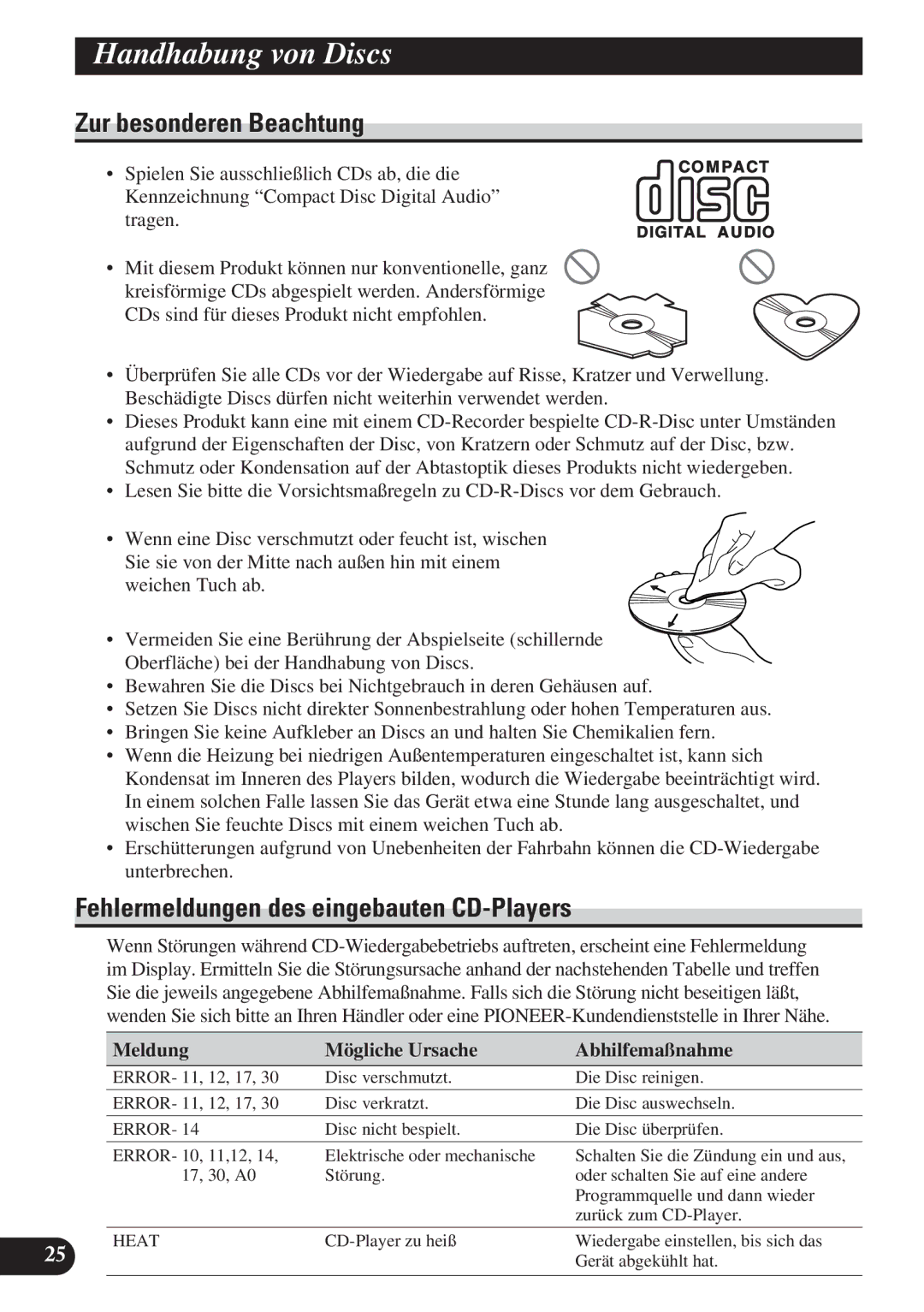 Pioneer DEH-2130R, DEH-2100R operation manual Handhabung von Discs, Fehlermeldungen des eingebauten CD-Players 