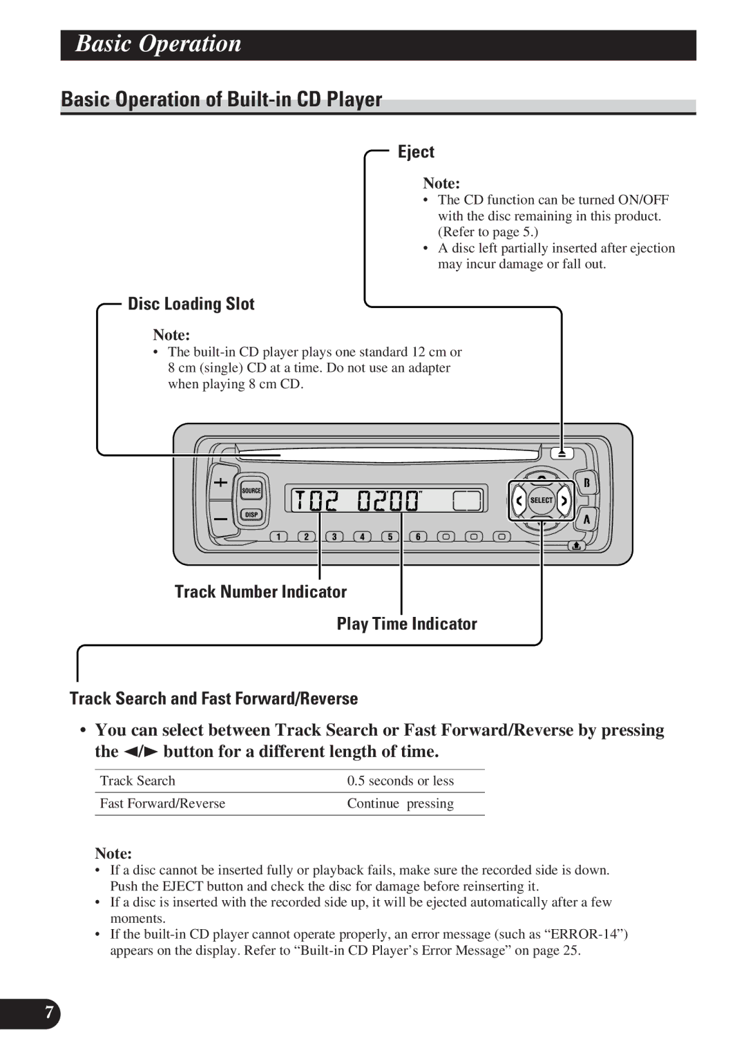 Pioneer DEH-2130R, DEH-2100R operation manual Basic Operation of Built-in CD Player, Eject, Disc Loading Slot 