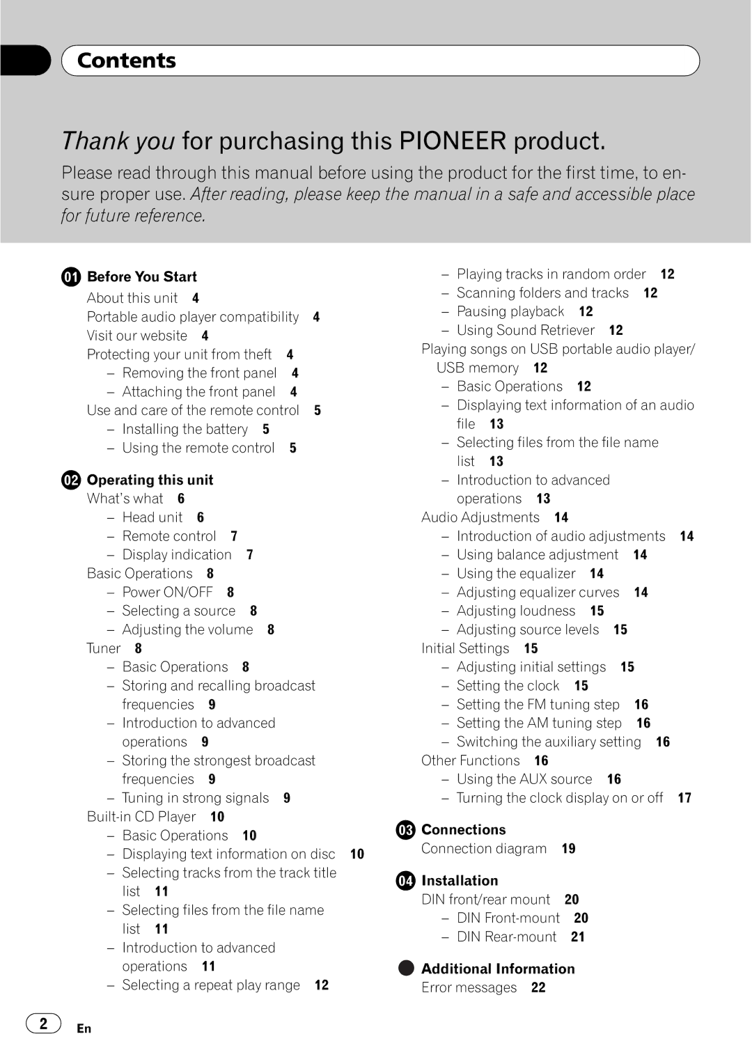 Pioneer DEH-2150UBG owner manual Thank you for purchasing this Pioneer product, Contents 