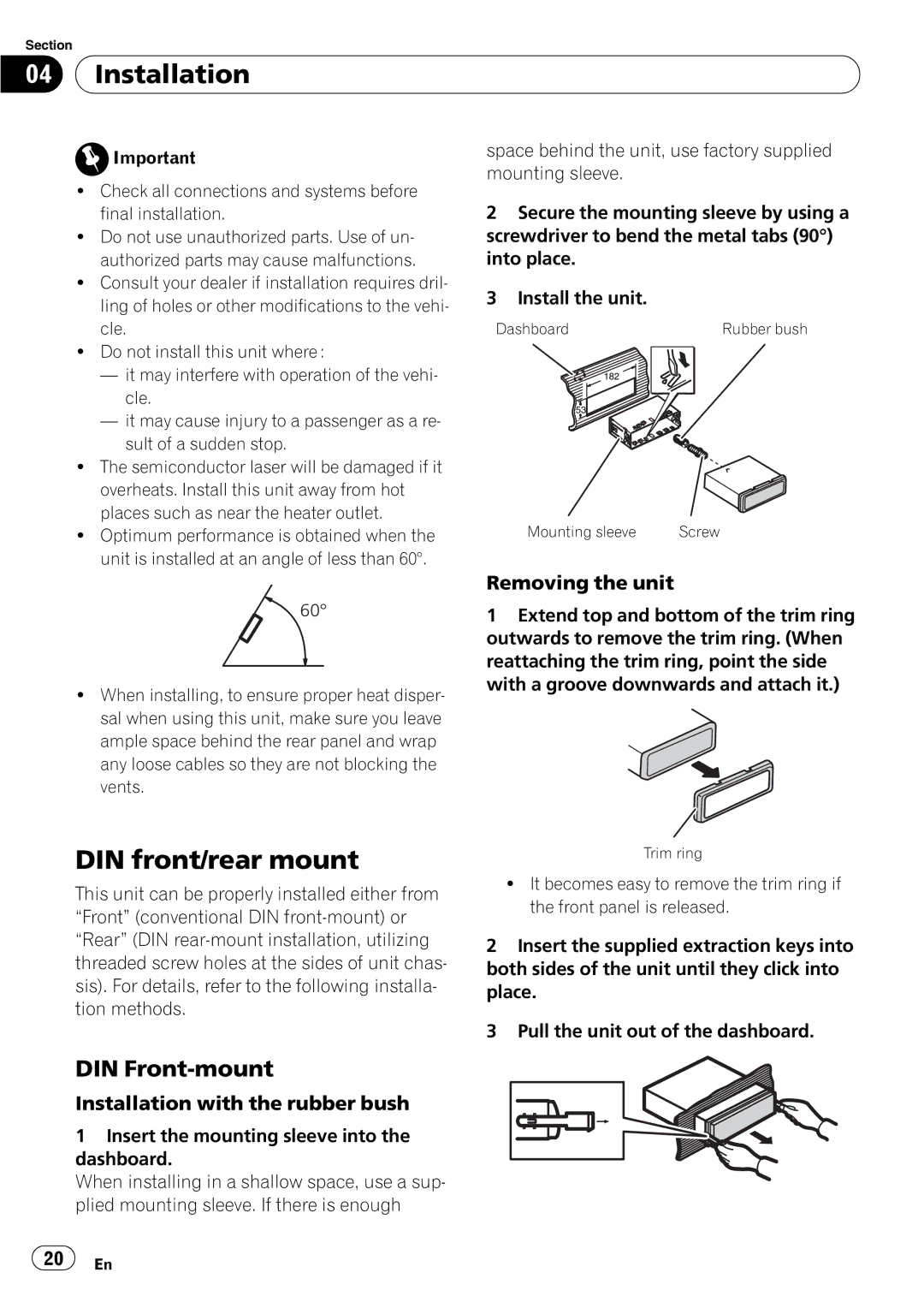 Pioneer DEH-2150UBG owner manual Installation, DIN front/rear mount, DIN Front-mount 