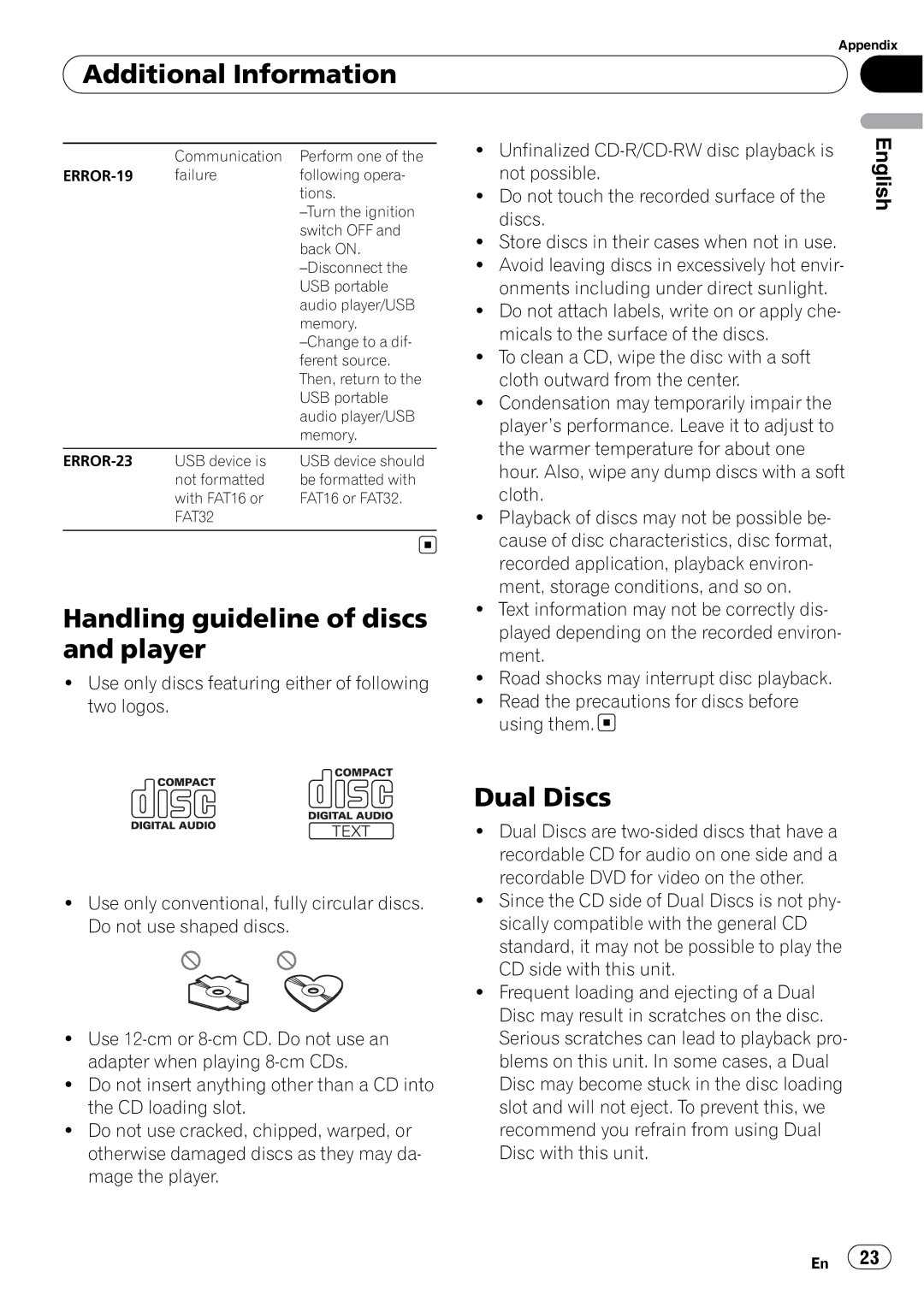 Pioneer DEH-2150UBG owner manual Additional Information, Handling guideline of discs and player, Dual Discs 