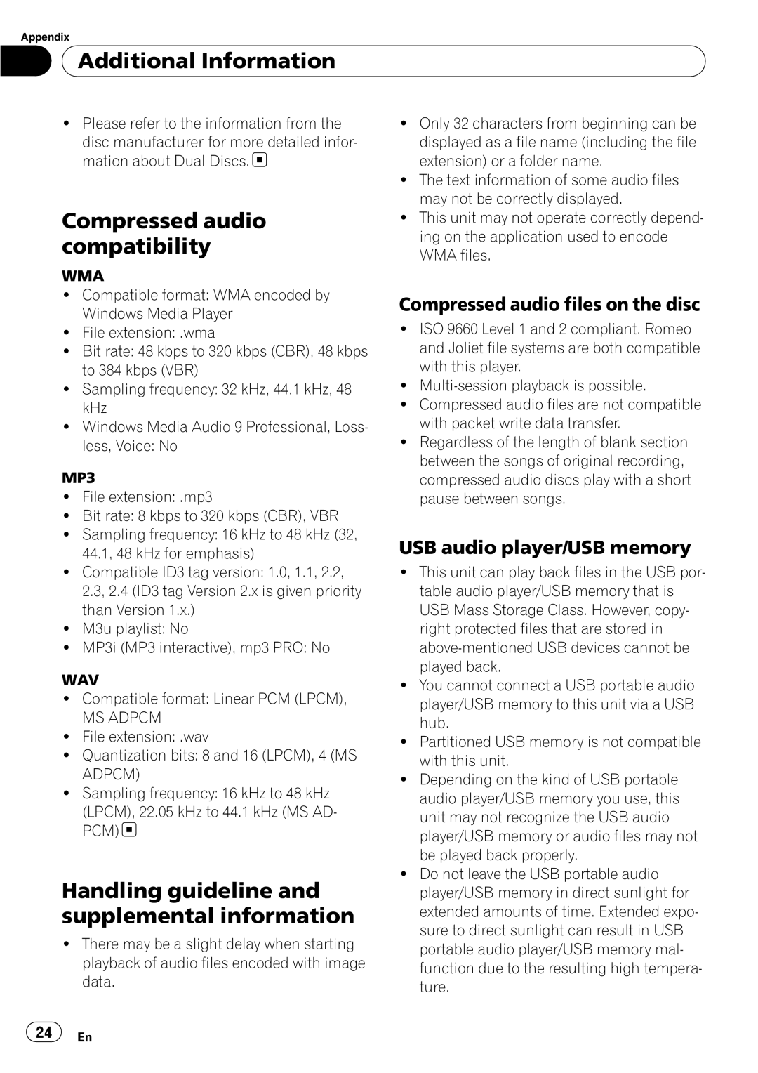 Pioneer DEH-2150UBG owner manual Compressed audio compatibility, Handling guideline and supplemental information 