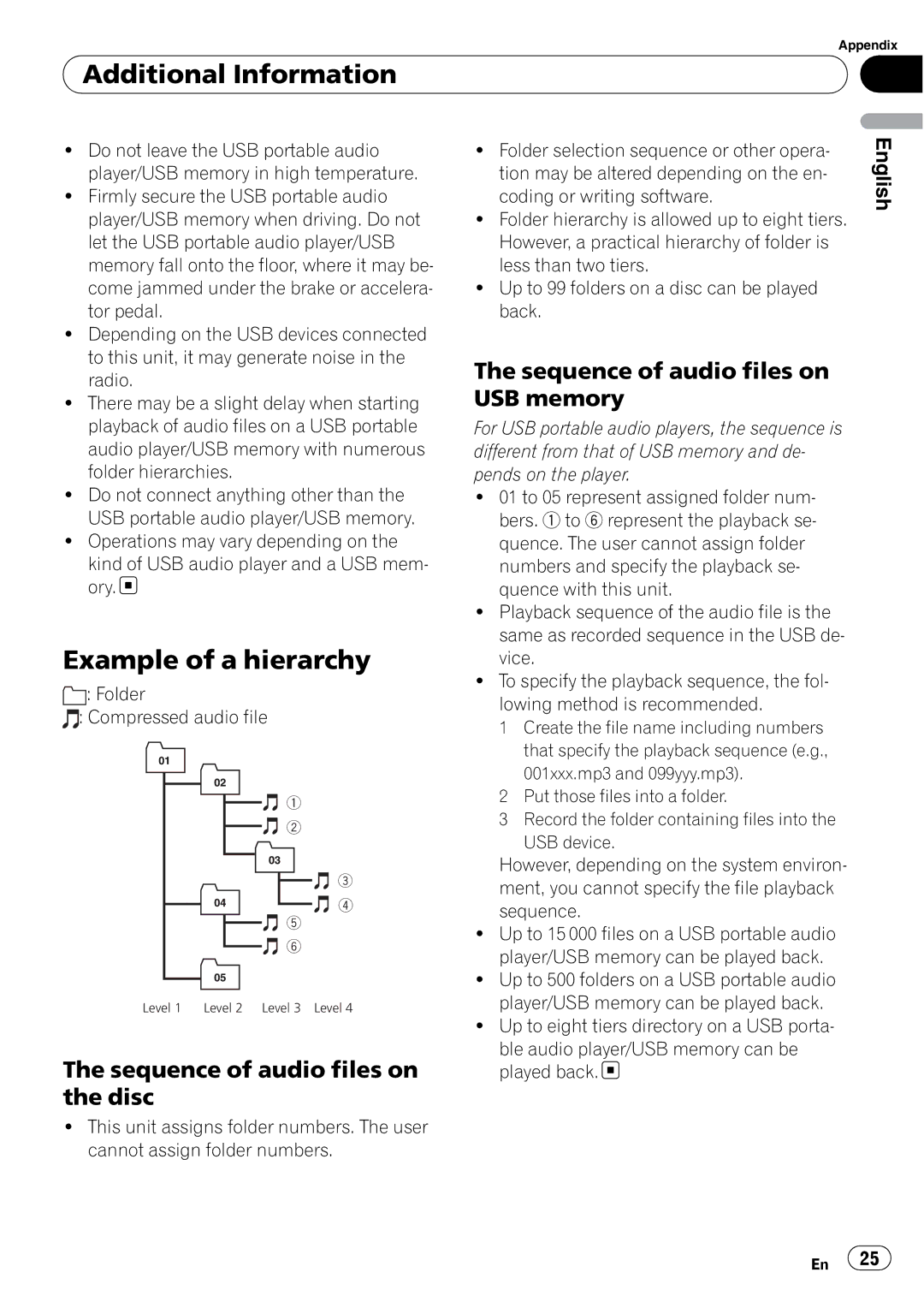 Pioneer DEH-2150UBG Example of a hierarchy, Sequence of audio files on the disc, Sequence of audio files on USB memory 