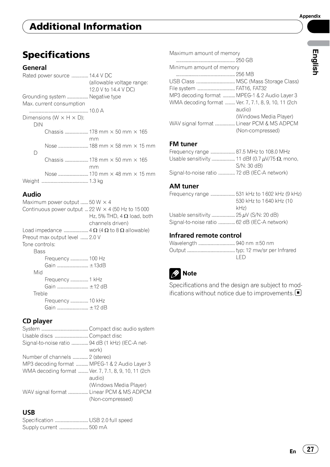 Pioneer DEH-2150UBG owner manual Additional Information Specifications, Usb 