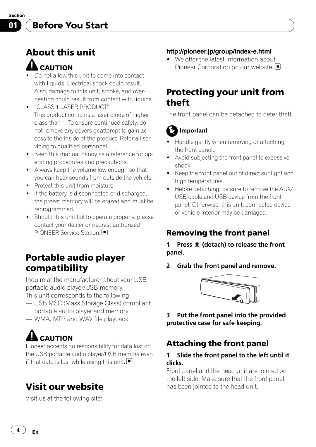 Pioneer DEH-2150UBG Before You Start About this unit, Protecting your unit from, Theft, Portable audio player 