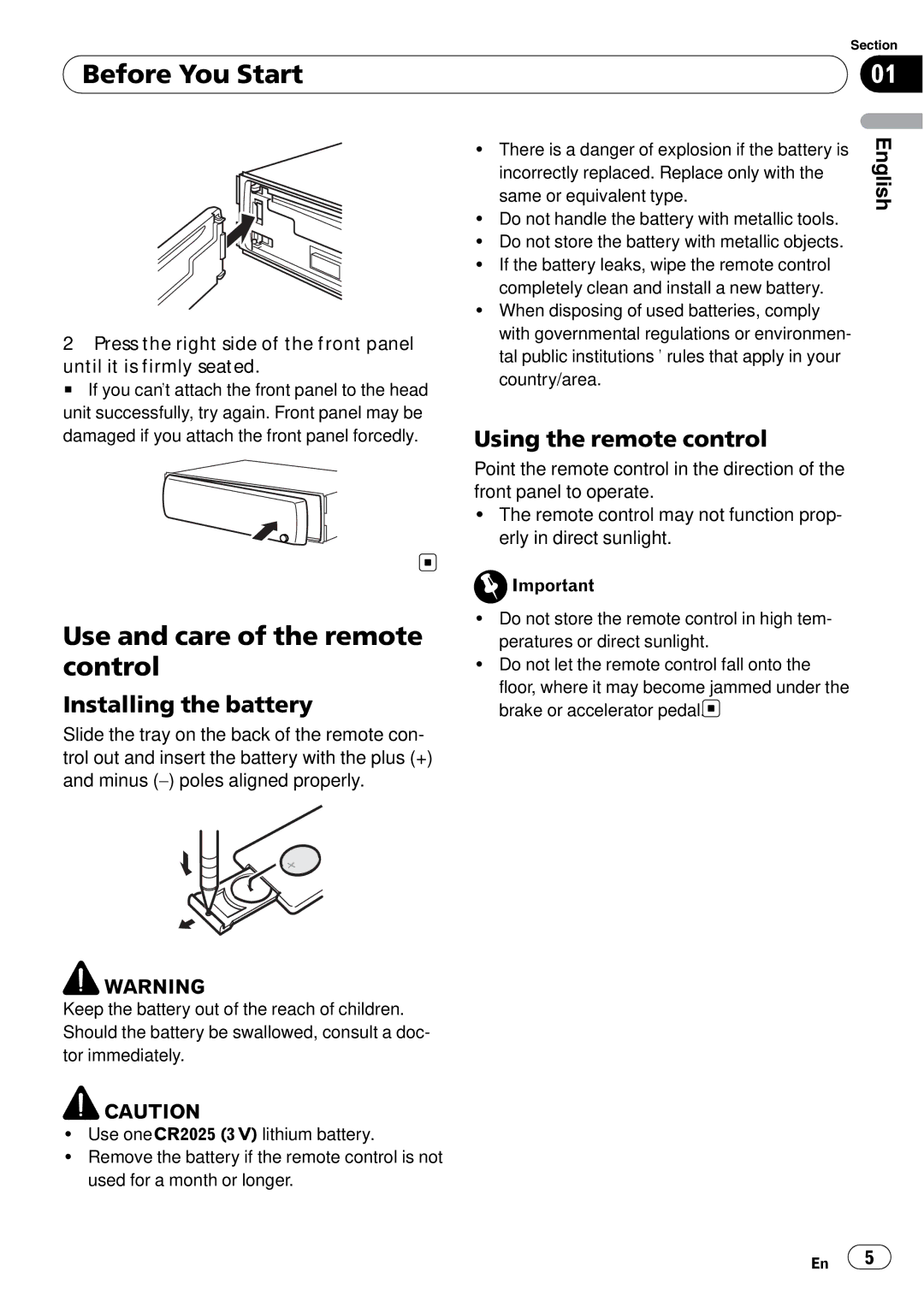 Pioneer DEH-2150UBG Before You Start, Use and care of the remote control, Installing the battery, Using the remote control 