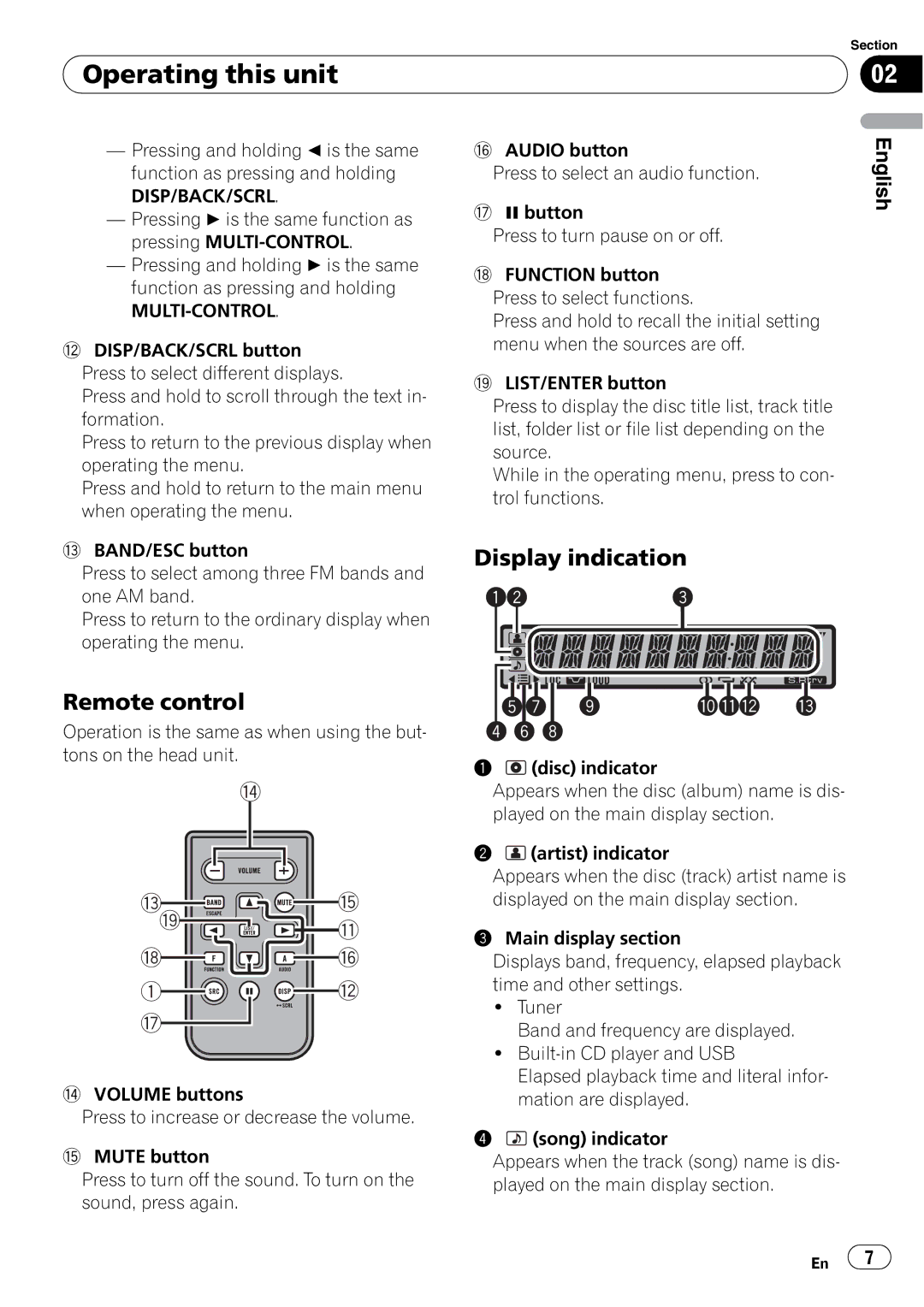 Pioneer DEH-2150UBG owner manual Operating this unit, Display indication, Remote control 