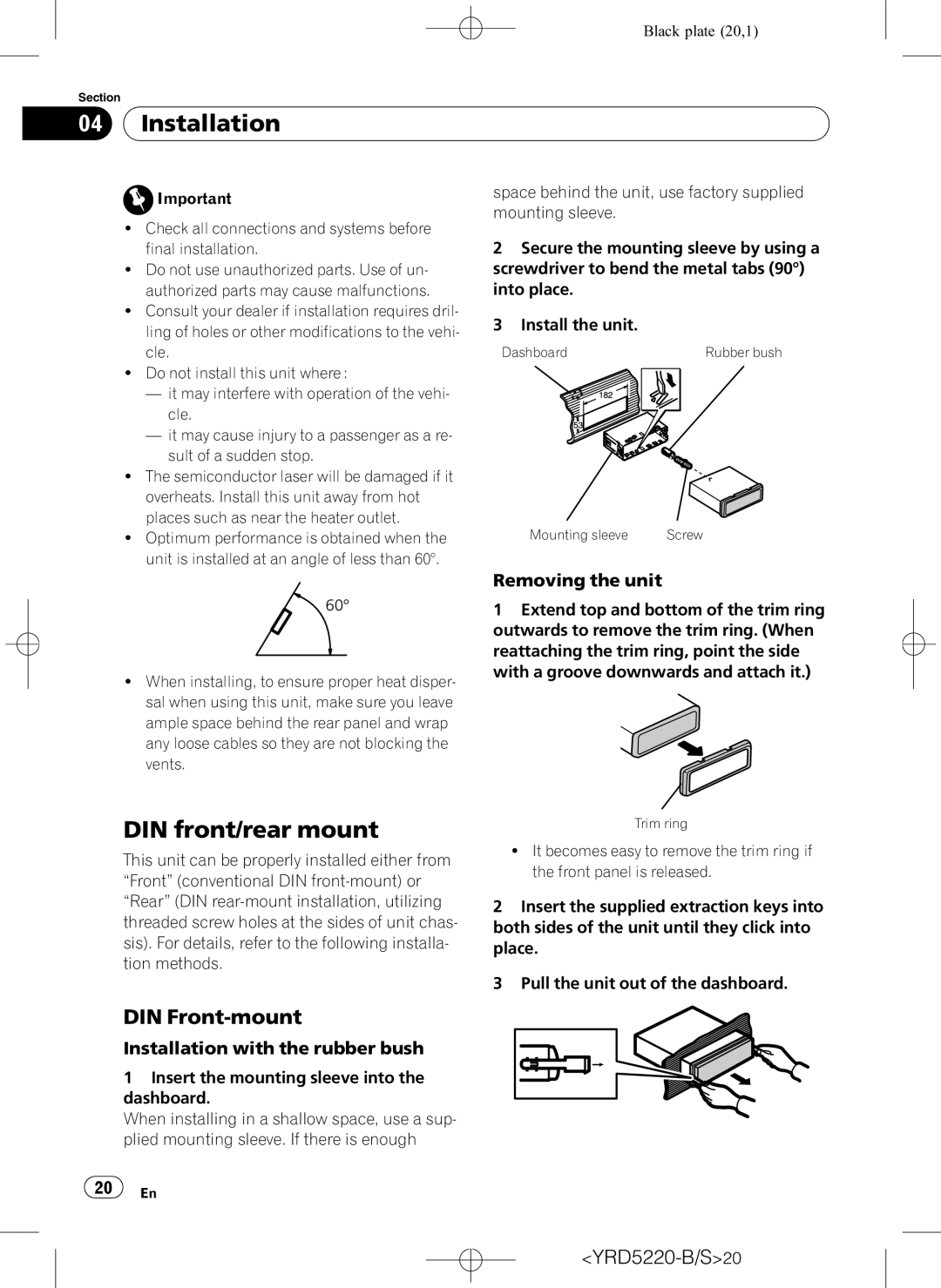 Pioneer DEH-2150UB owner manual Installation, DIN front/rear mount, DIN Front-mount, Removing the unit 