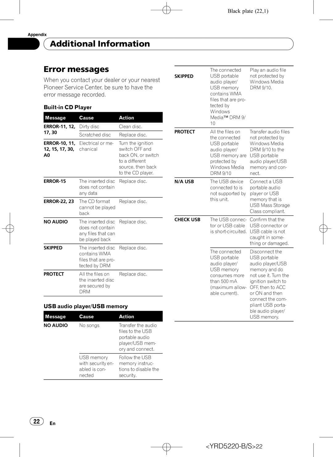 Pioneer DEH-2150UB owner manual Additional Information Error messages 