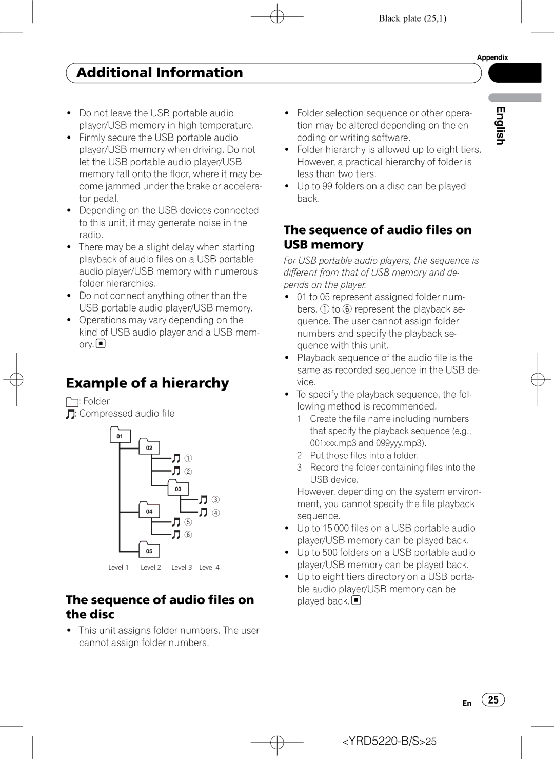 Pioneer DEH-2150UB Example of a hierarchy, Sequence of audio files on the disc, Sequence of audio files on USB memory 