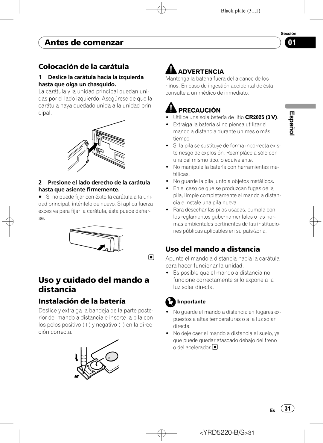 Pioneer DEH-2150UB owner manual Antes de comenzar, Uso y cuidado del mando a distancia, Colocación de la carátula 