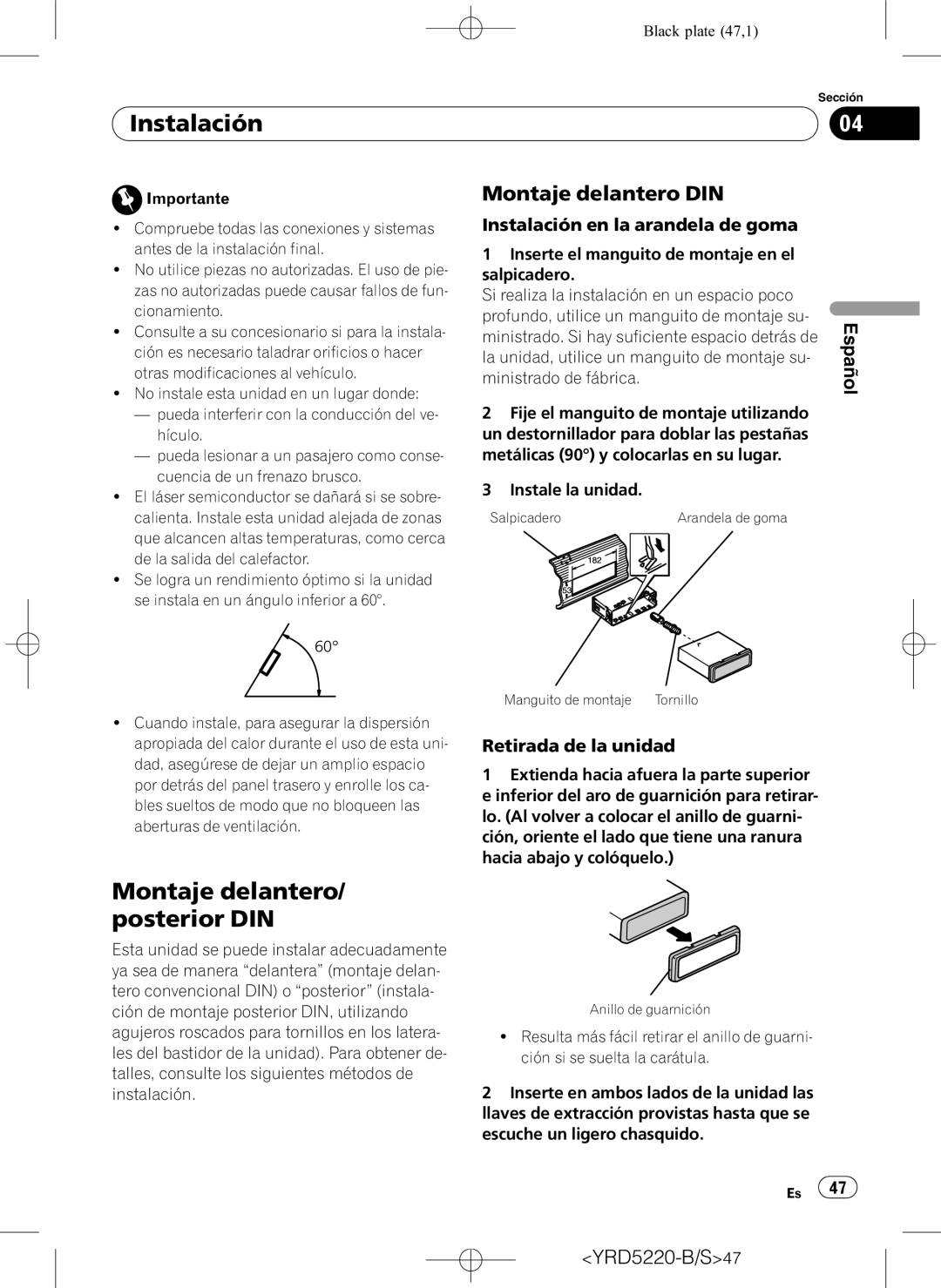 Pioneer DEH-2150UB owner manual Instalación, Montaje delantero/ posterior DIN, Montaje delantero DIN, Retirada de la unidad 