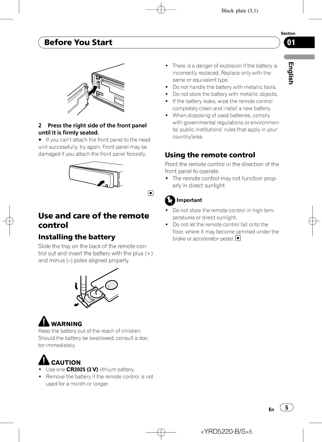 Pioneer DEH-2150UB Before You Start, Use and care of the remote control, Installing the battery, Using the remote control 