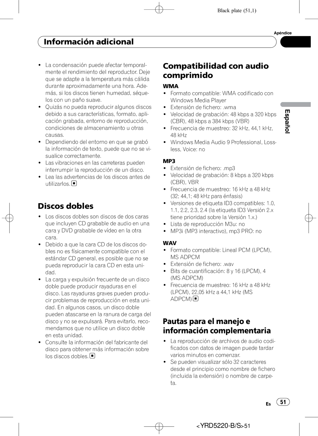 Pioneer DEH-2150UB owner manual Compatibilidad con audio, Comprimido, Discos dobles, Pautas para el manejo e 