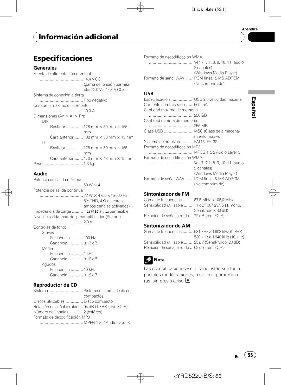 Pioneer DEH-2150UB owner manual Información adicional Especificaciones 