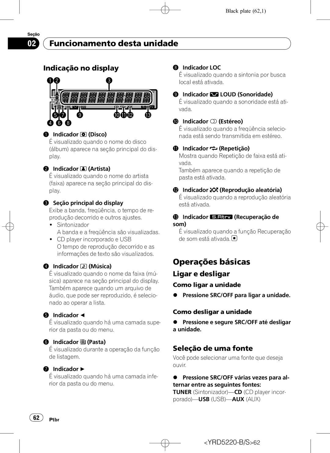 Pioneer DEH-2150UB owner manual Operações básicas, Indicação no display, Ligar e desligar, Seleção de uma fonte 