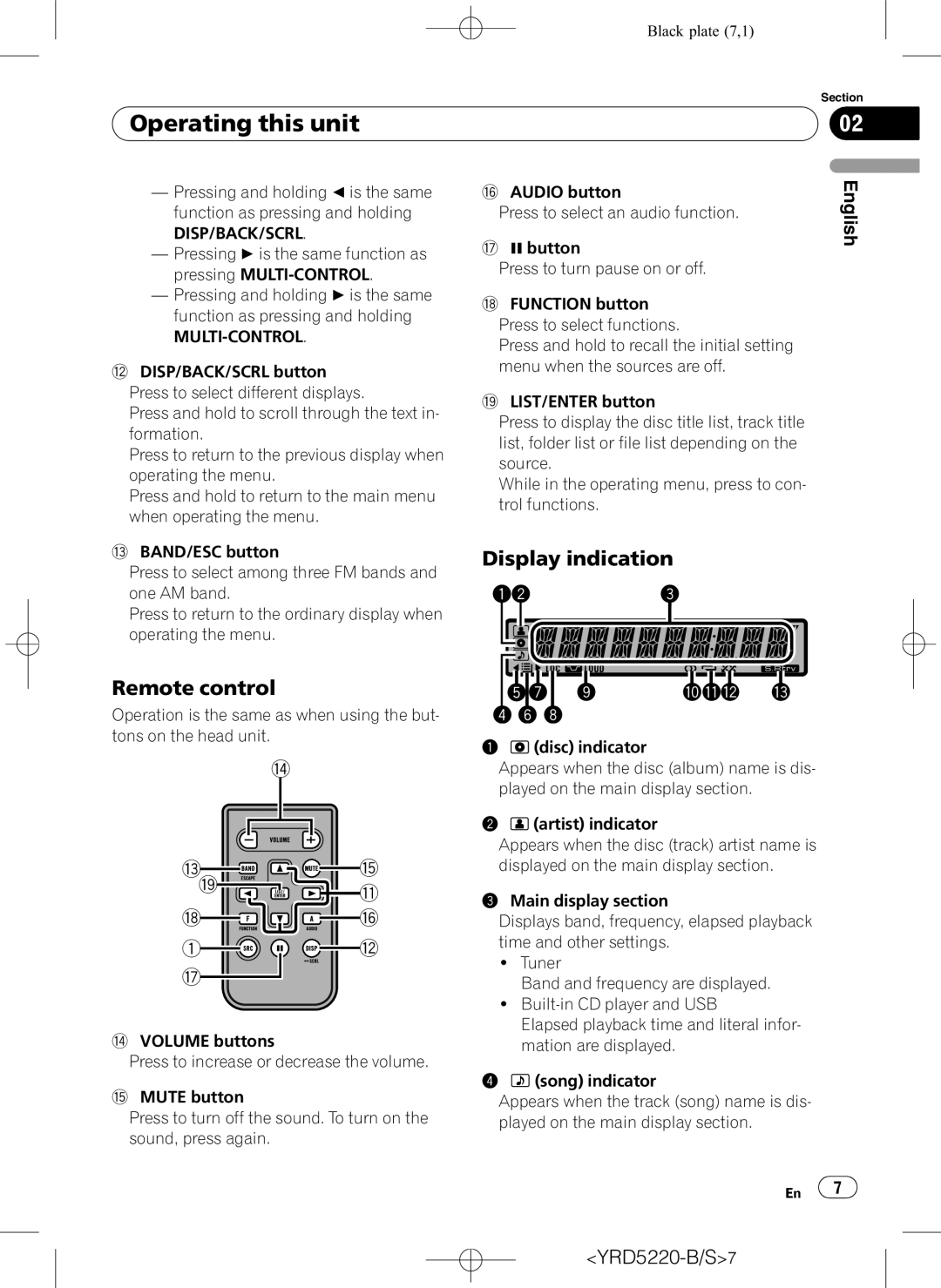 Pioneer DEH-2150UB owner manual Operating this unit, Display indication, Remote control 